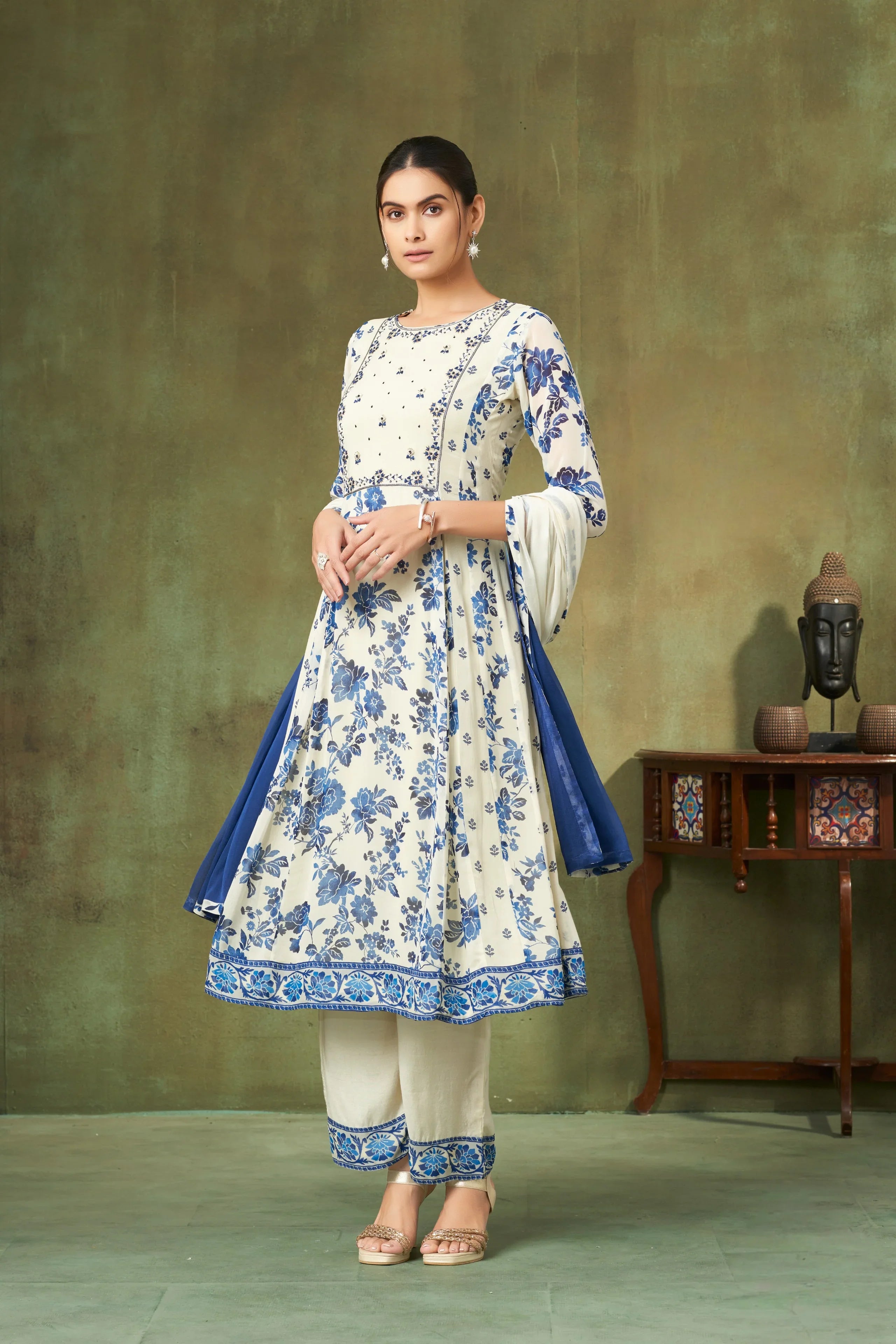 Ivory & Blue Floral Georgette A-Line Salwar Suit - Mokshaa