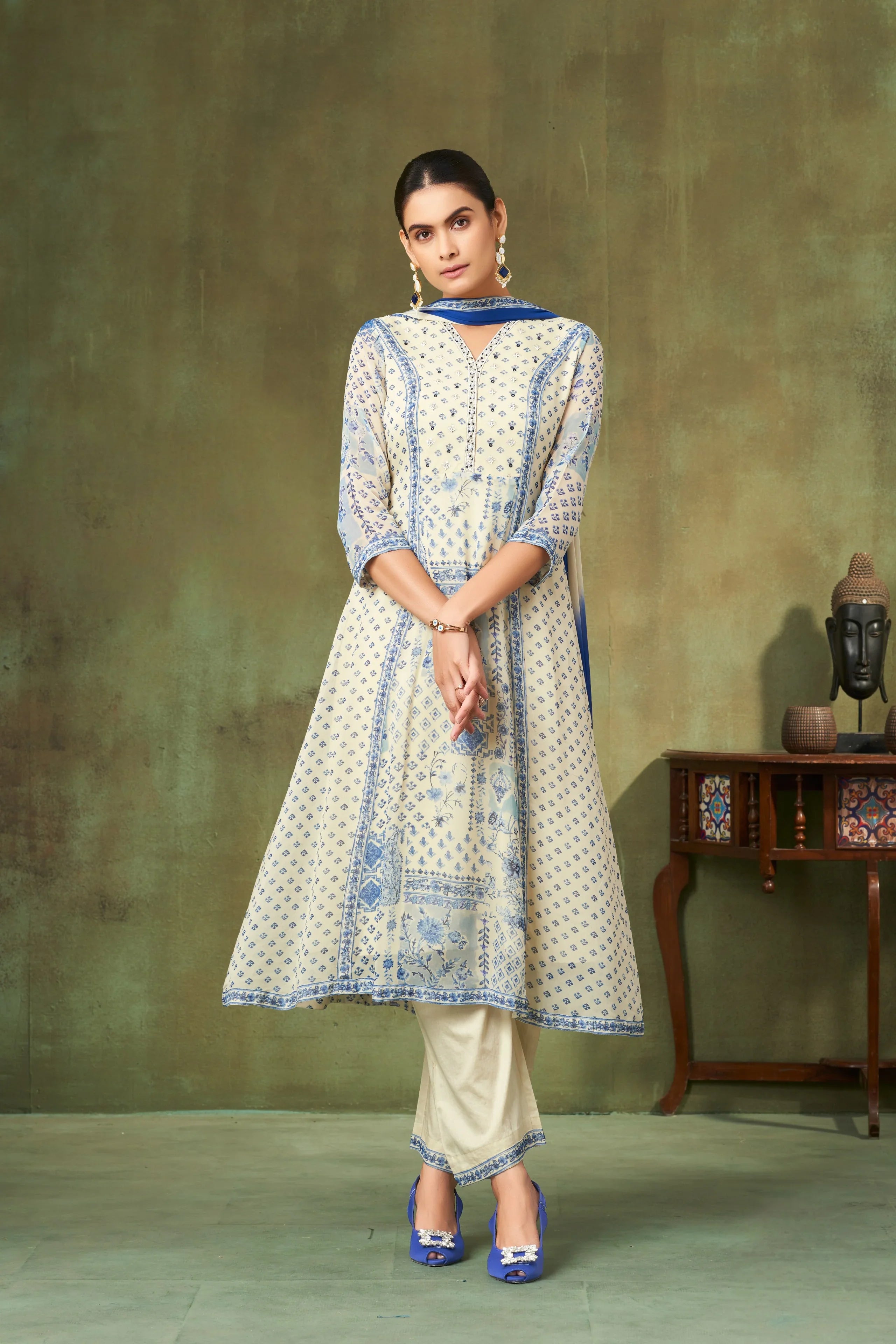 Ivory & Blue Printed Georgette A-Line Salwar Suit with Floral Motifs - Mokshaa