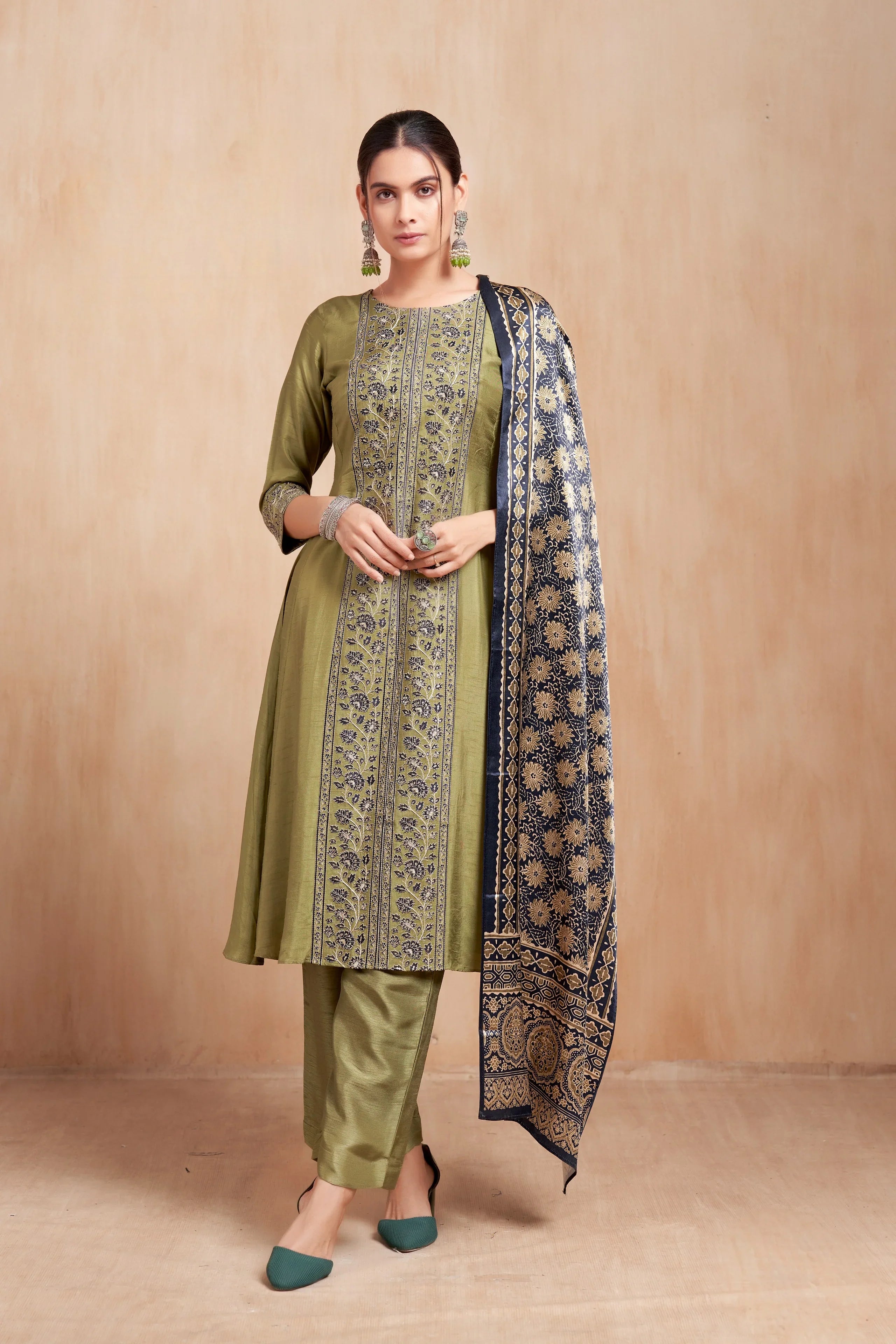 Olive Green Embroidered Silk Kurta Set with Printed Dupatta - Mokshaa