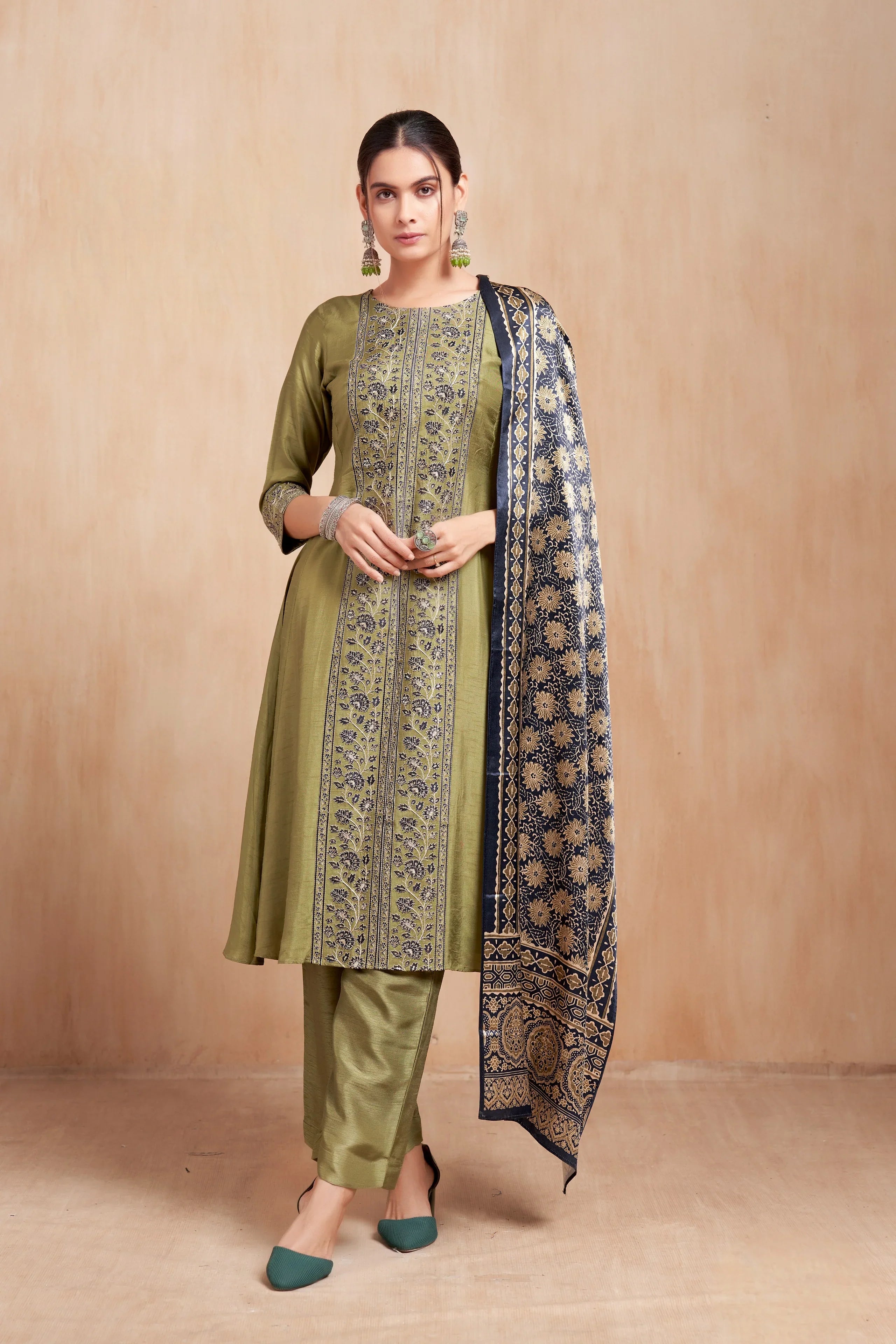 Olive Green Embroidered Silk Kurta Set with Printed Dupatta - Mokshaa