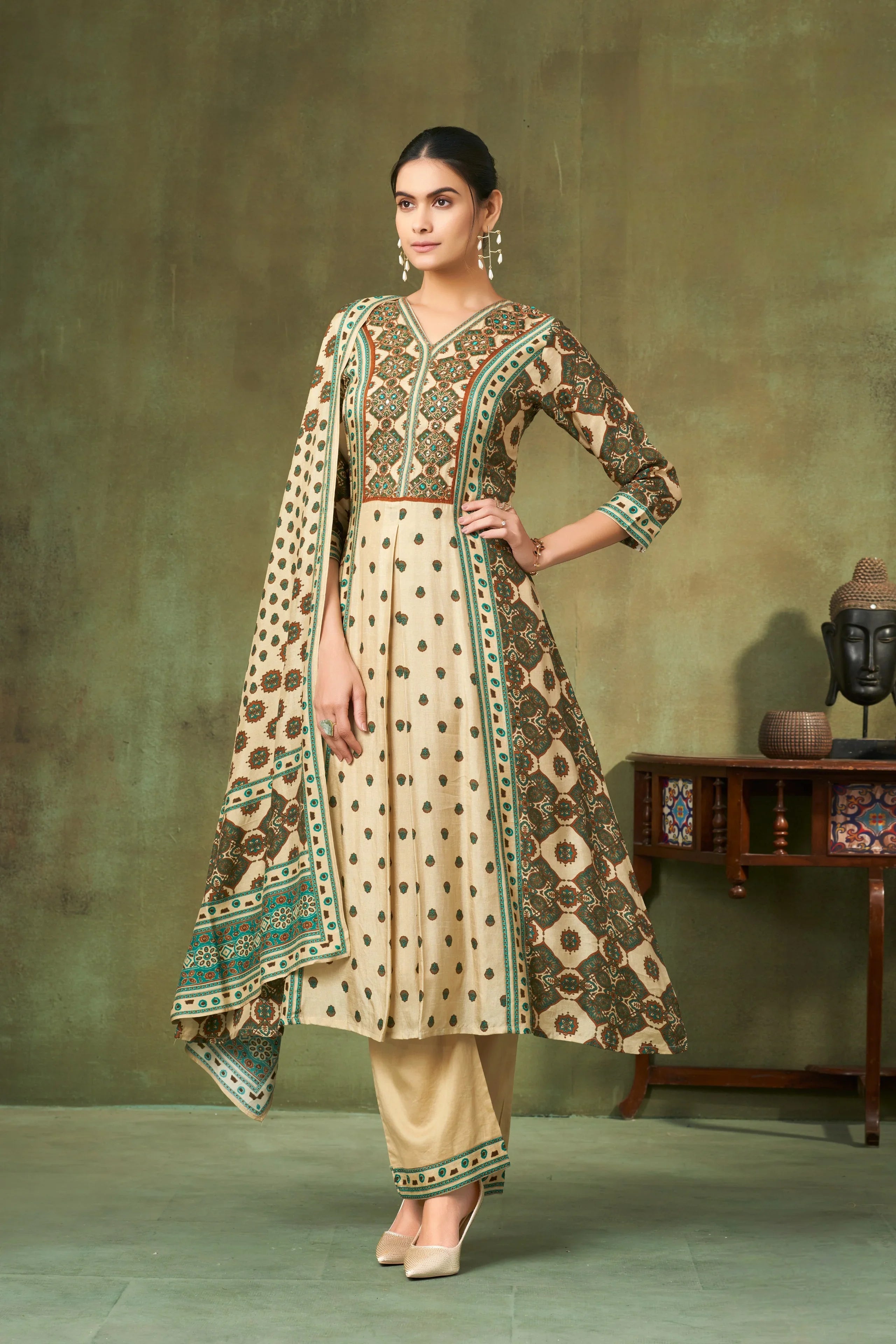 Ivory & Teal Printed Silk A-Line Salwar Suit Set - Mokshaa