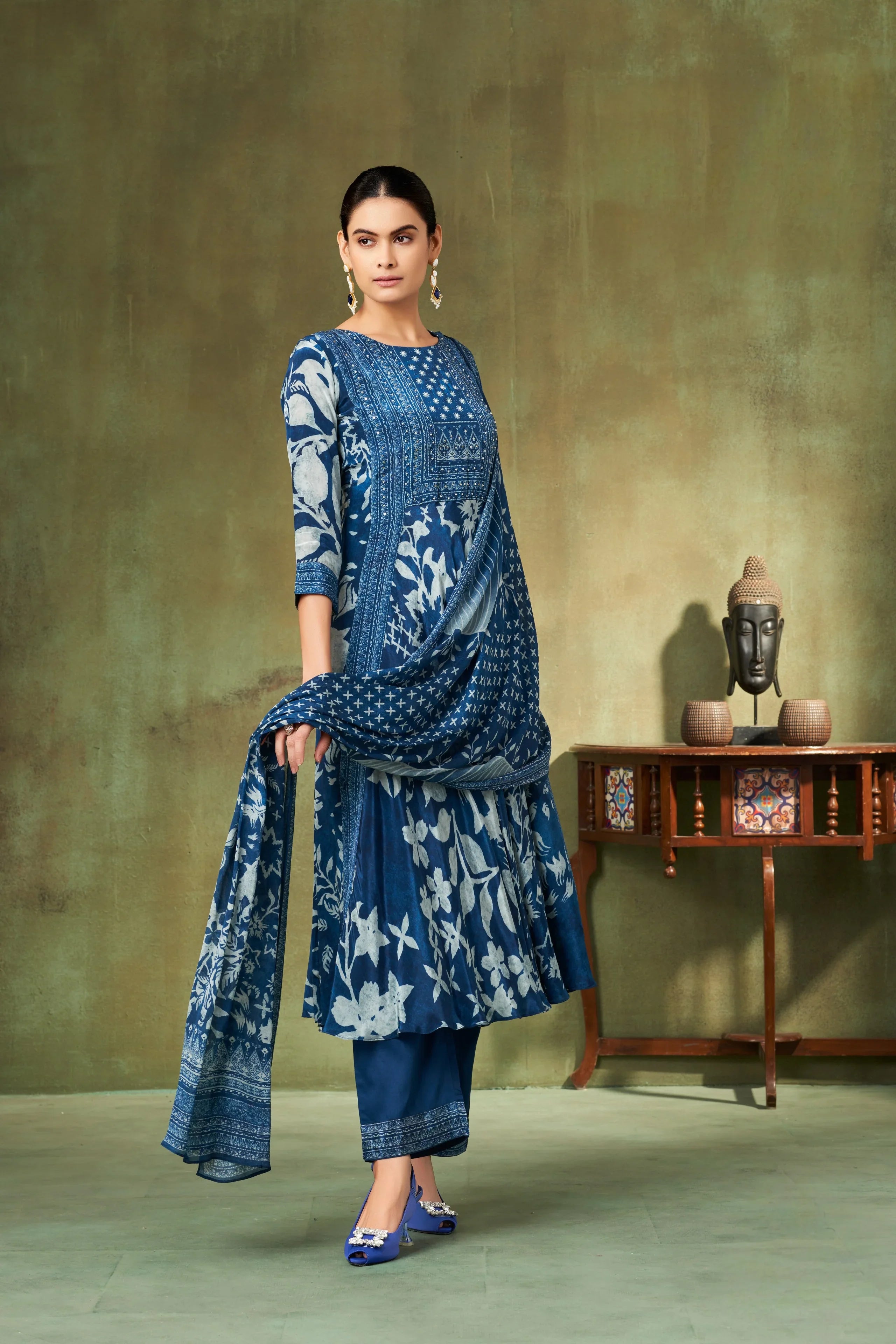 Indigo Floral Printed Georgette A-Line Salwar Suit Set - Mokshaa