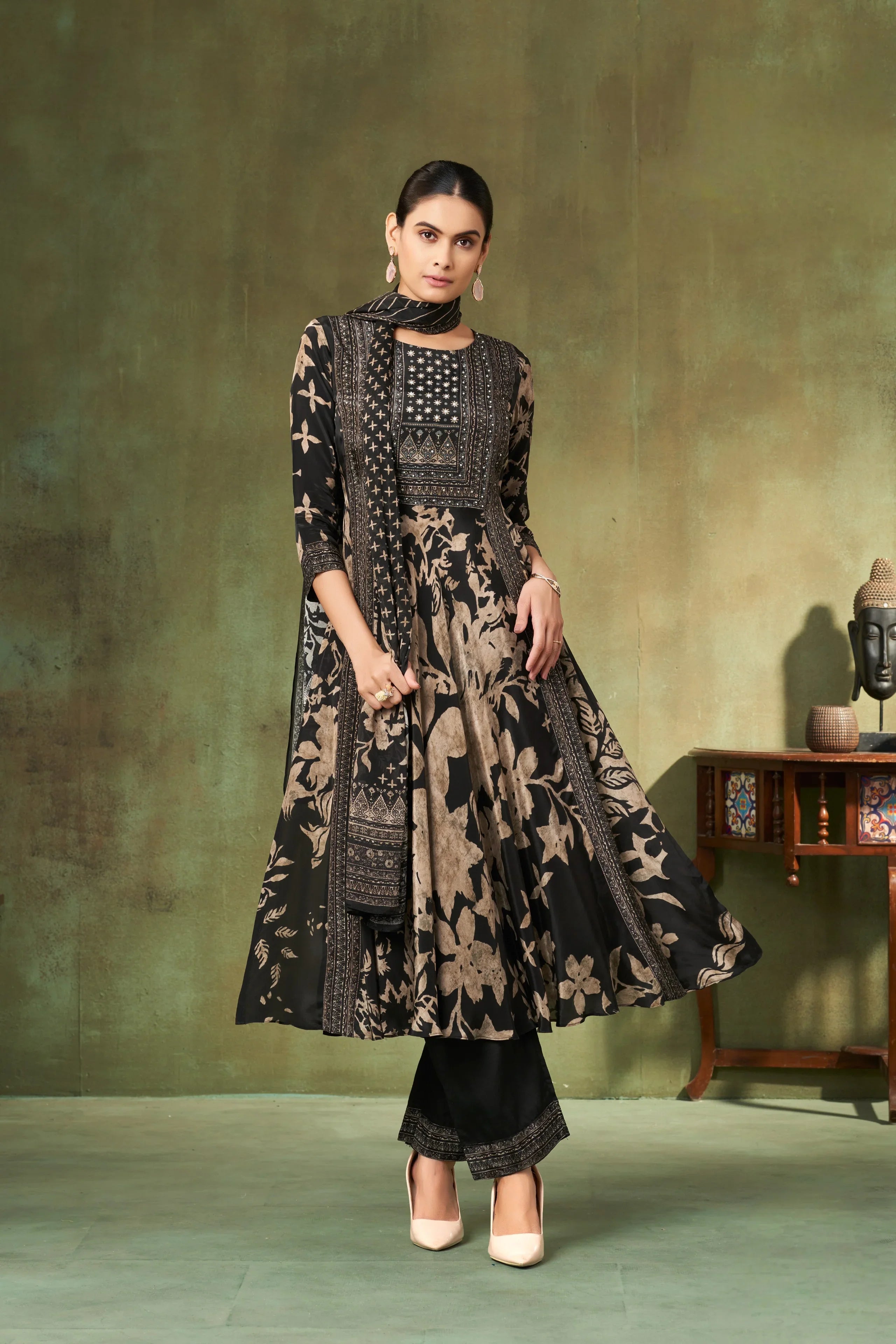 Black & Ivory Floral A-Line Salwar Suit Set - Mokshaa