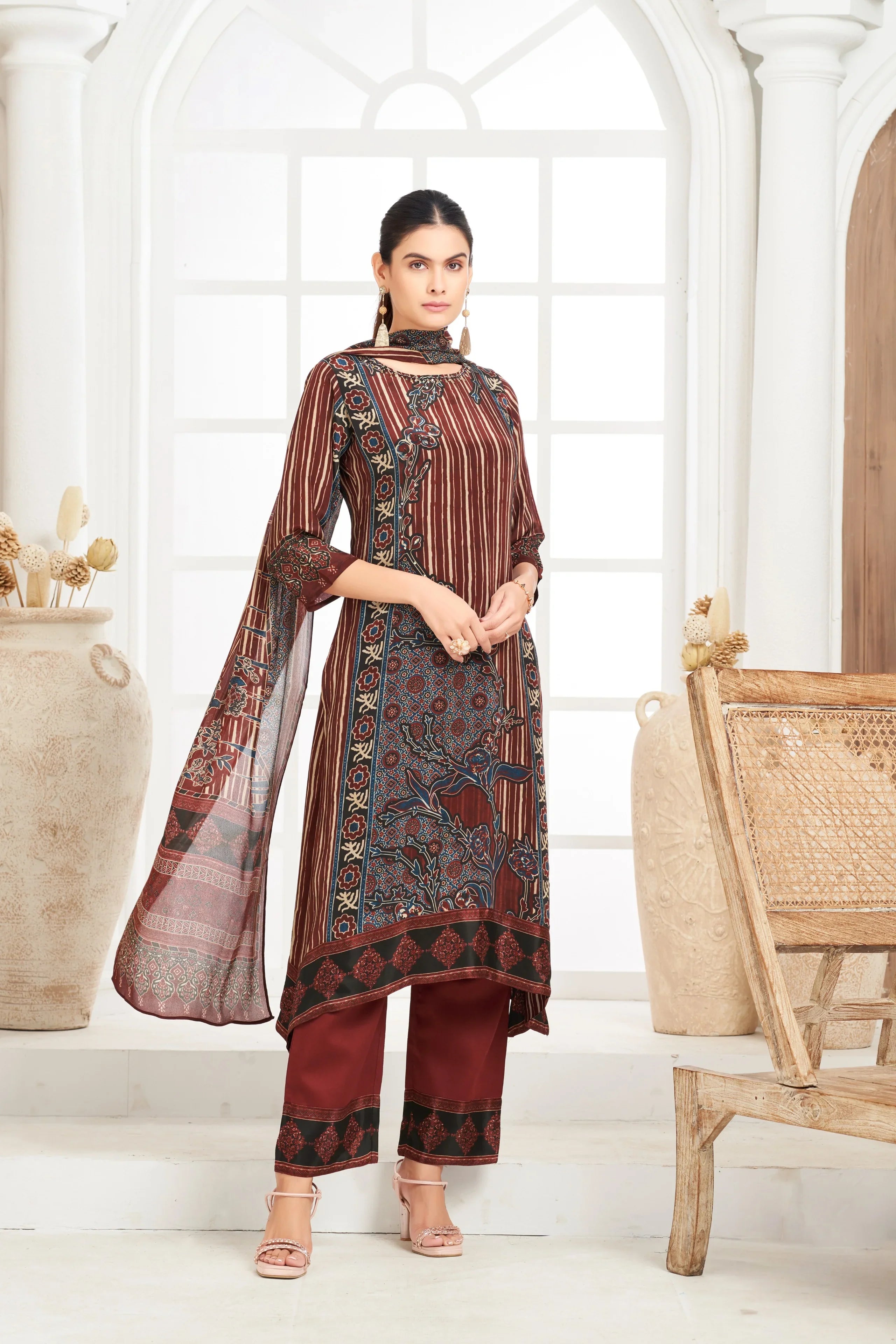 Maroon Crepe Kurta Set with Ajrakh-Inspired Printed Dupatta - Mokshaa