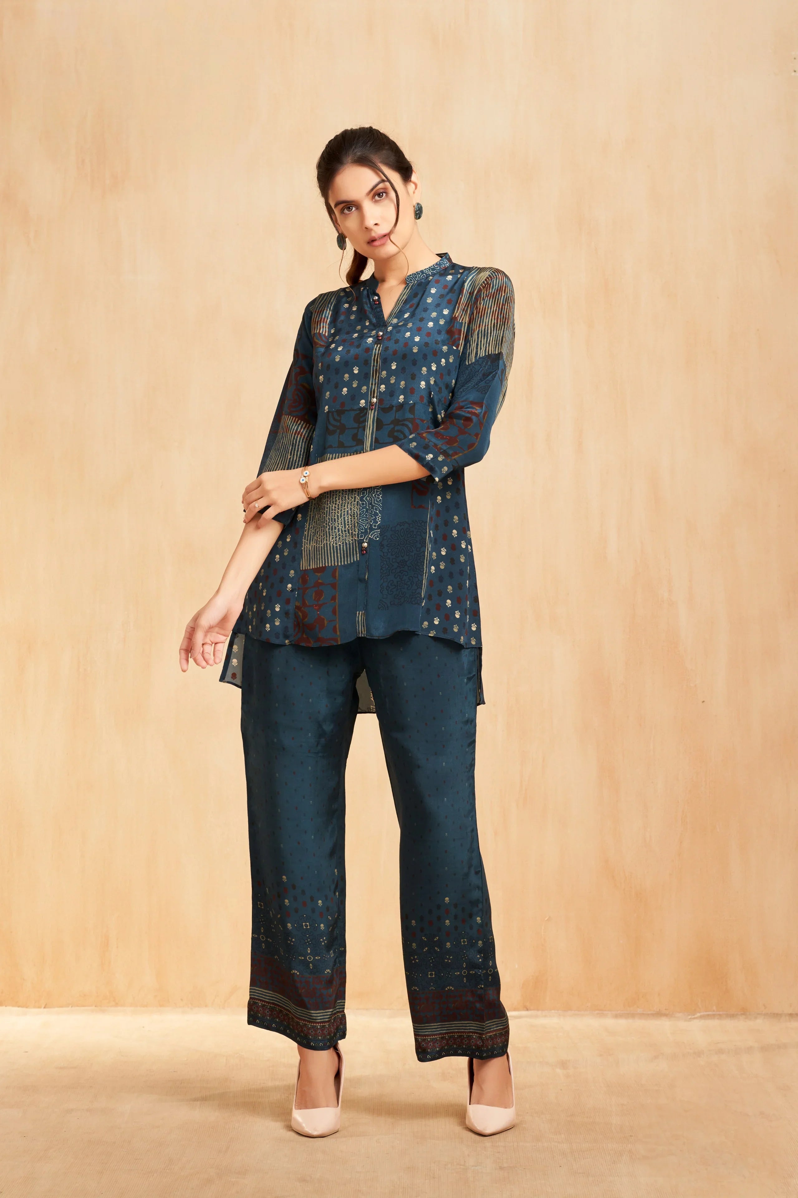 Teal Printed Crepe Co-Ord Set with Contemporary Patchwork Motifs - Mokshaa