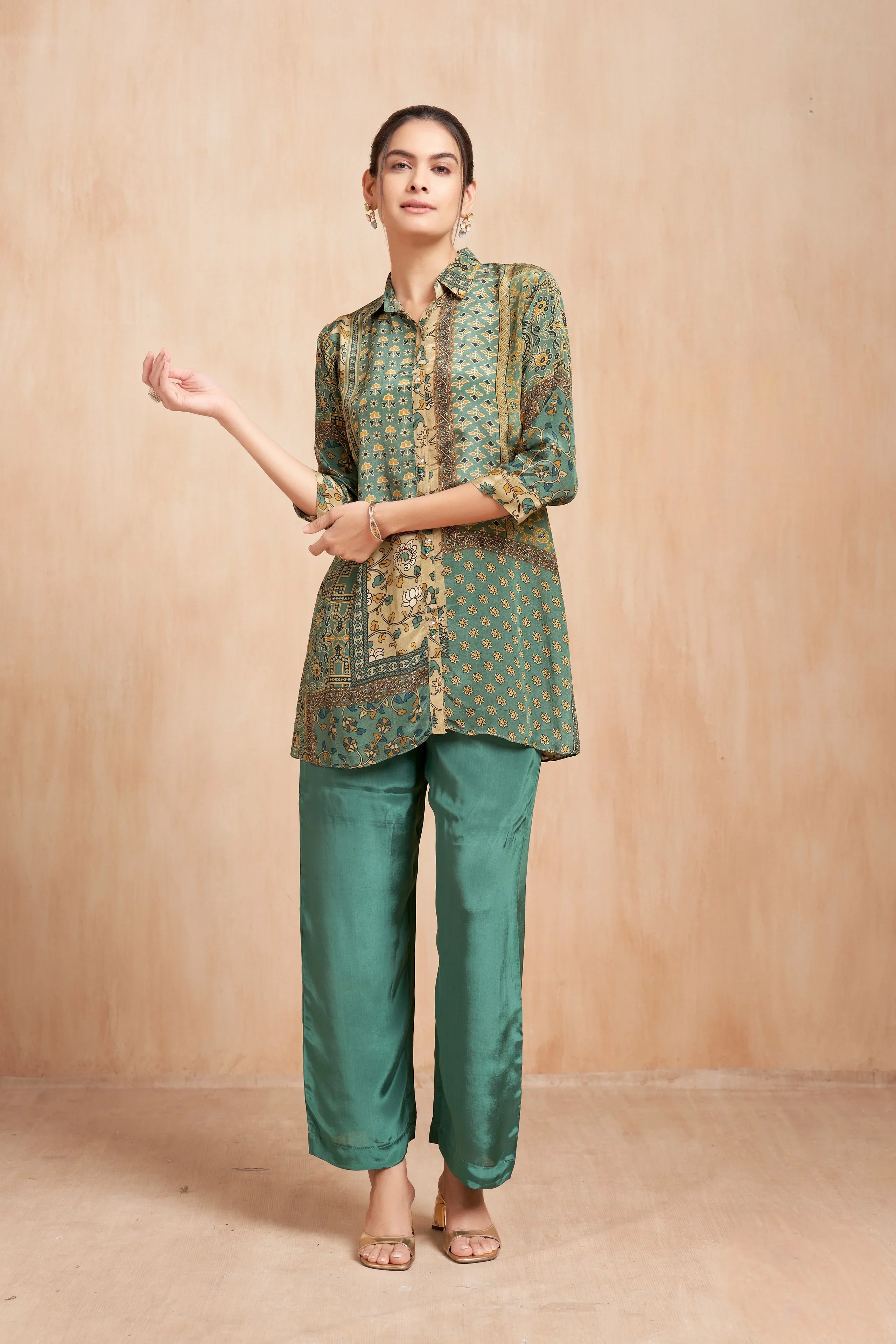 Emerald Printed Crepe Co-Ord Set with Heritage Patchwork Motifs - Mokshaa