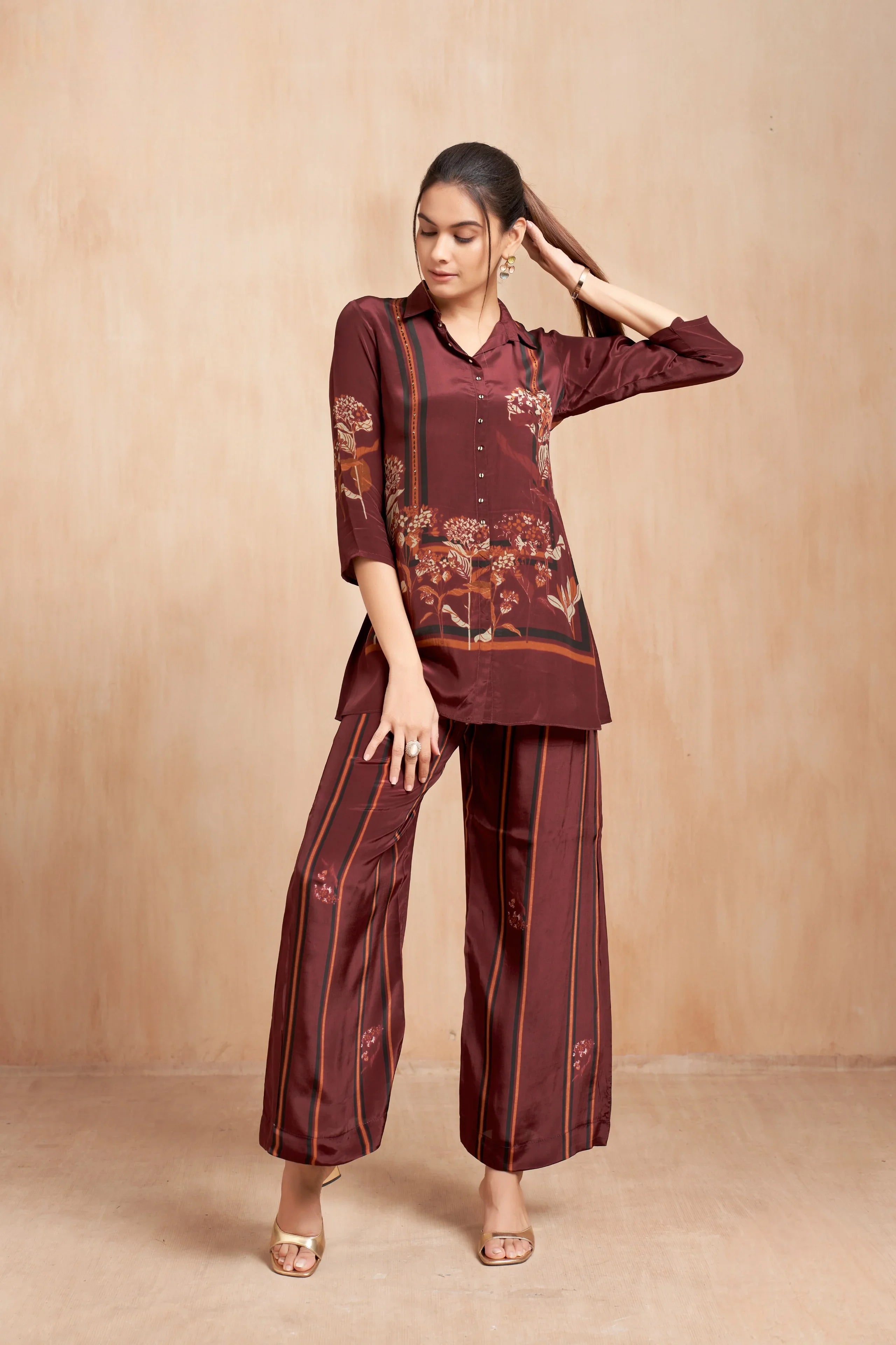 Wine Floral Printed Silk Co-Ord Set with Vertical Stripe Accents - Mokshaa