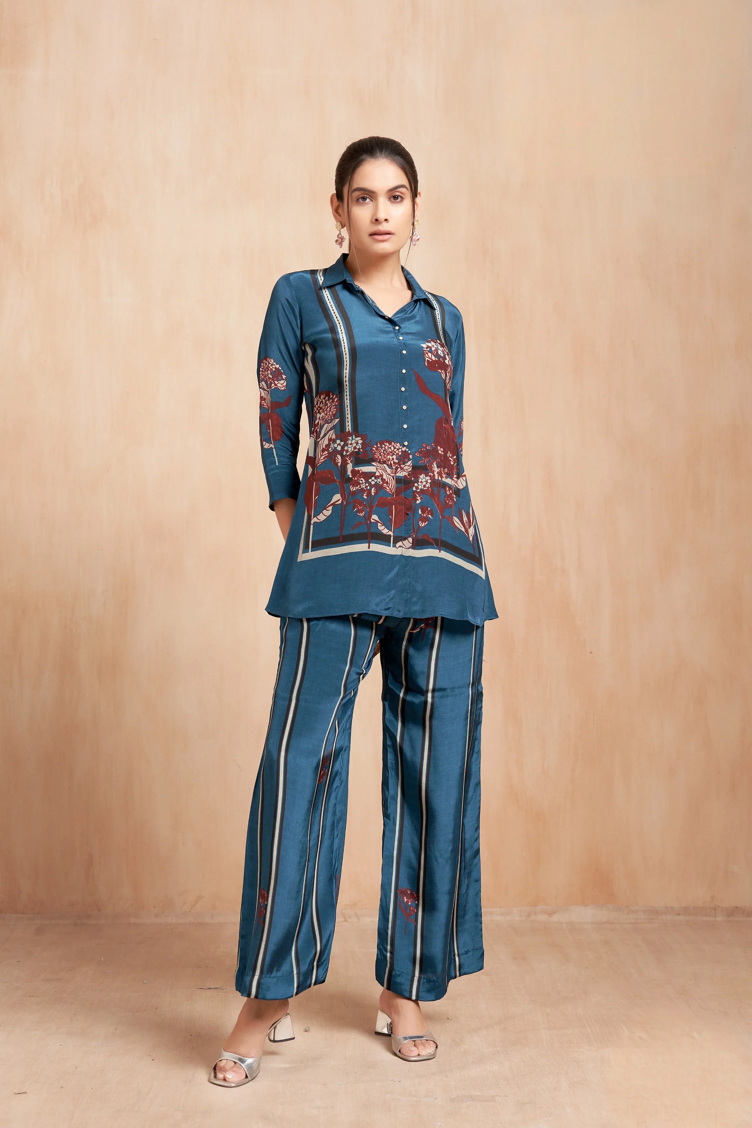 Teal Printed Crepe Co-Ord Set with Artistic Floral Panels - Mokshaa
