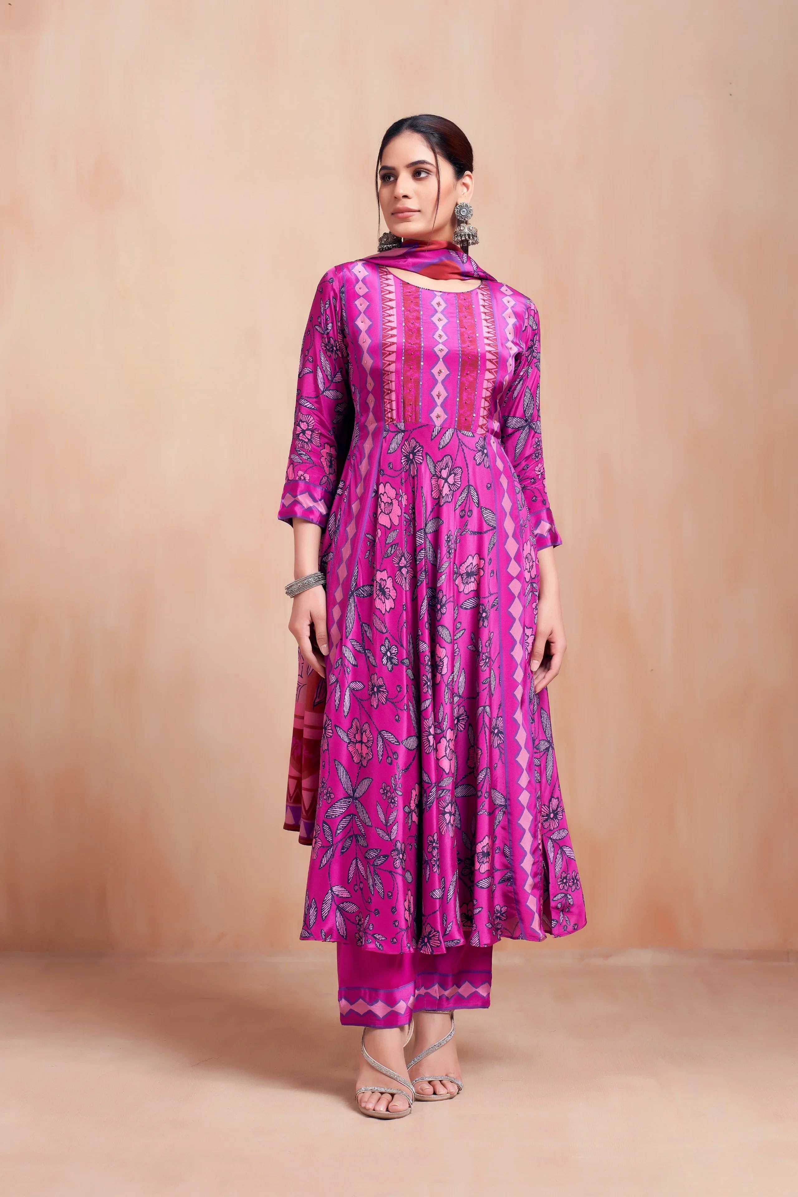 Rani Pink Floral Printed Georgette A-Line Salwar Suit Set - Mokshaa
