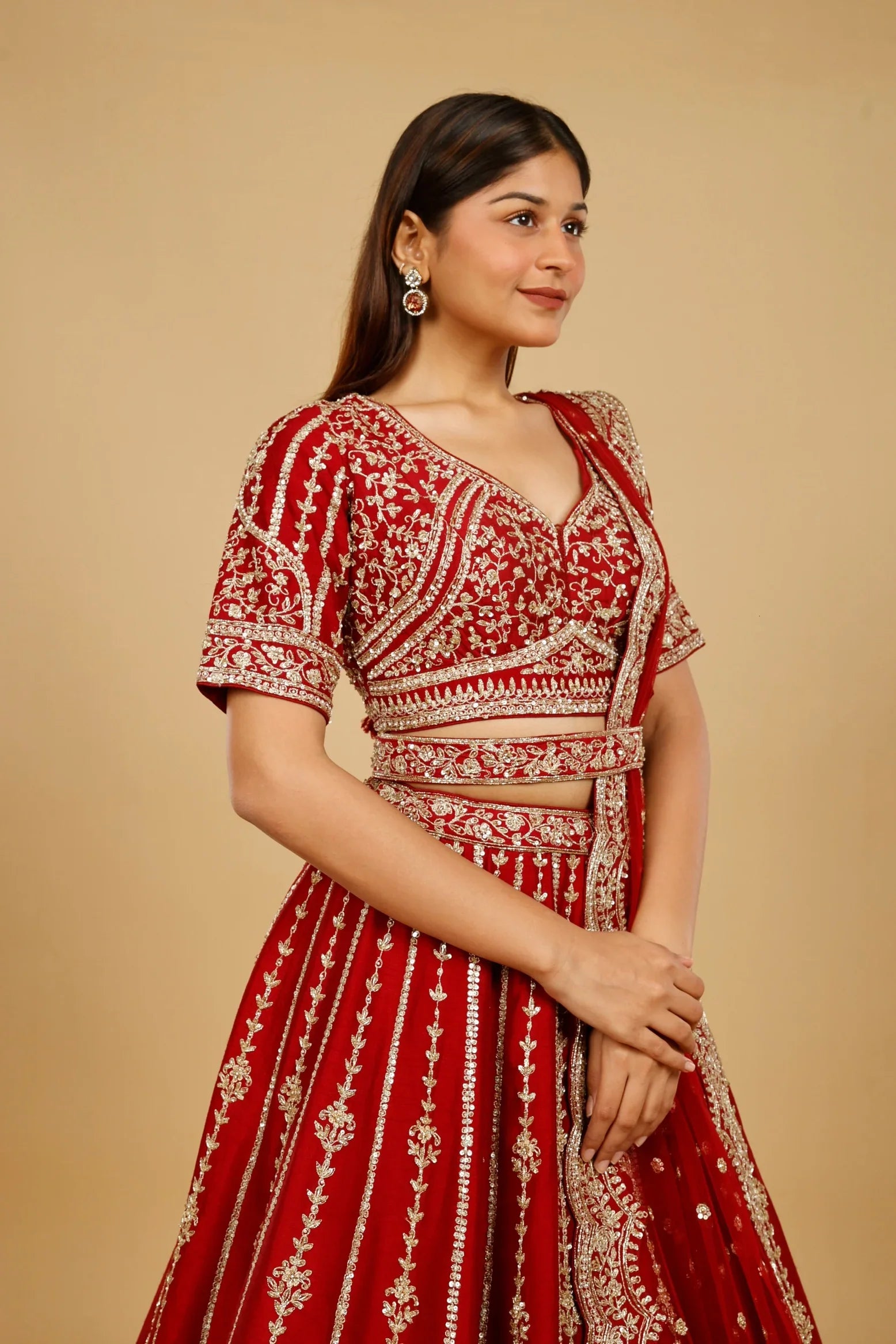 Maroon Raw Silk Bridal Lehenga Set with Zari, Sequin & Pearl Embroidery - Mokshaa