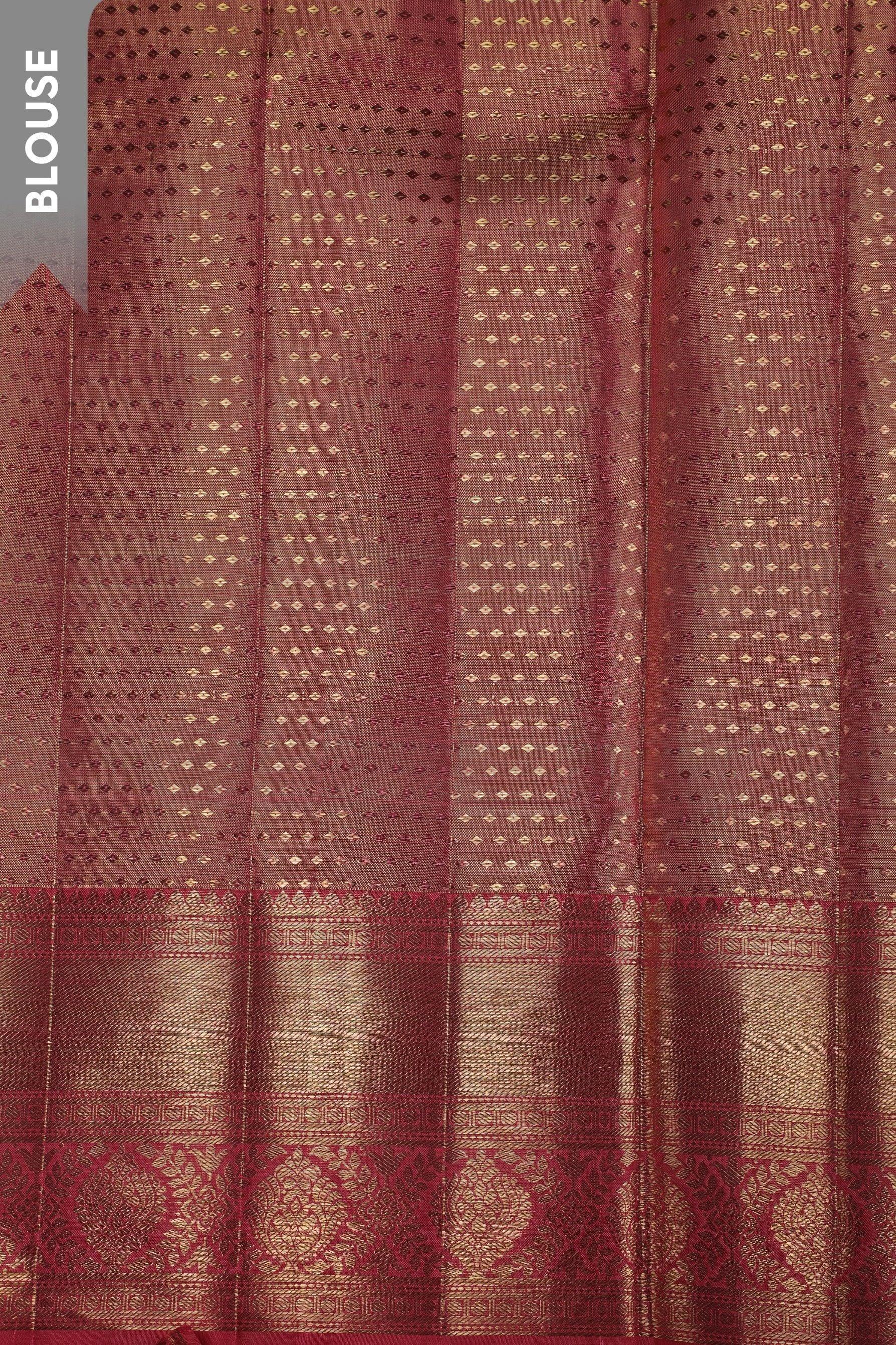 Antique Rose Gold Tissue Silk Saree with Floral Jaal and Peach Border - Mokshaa