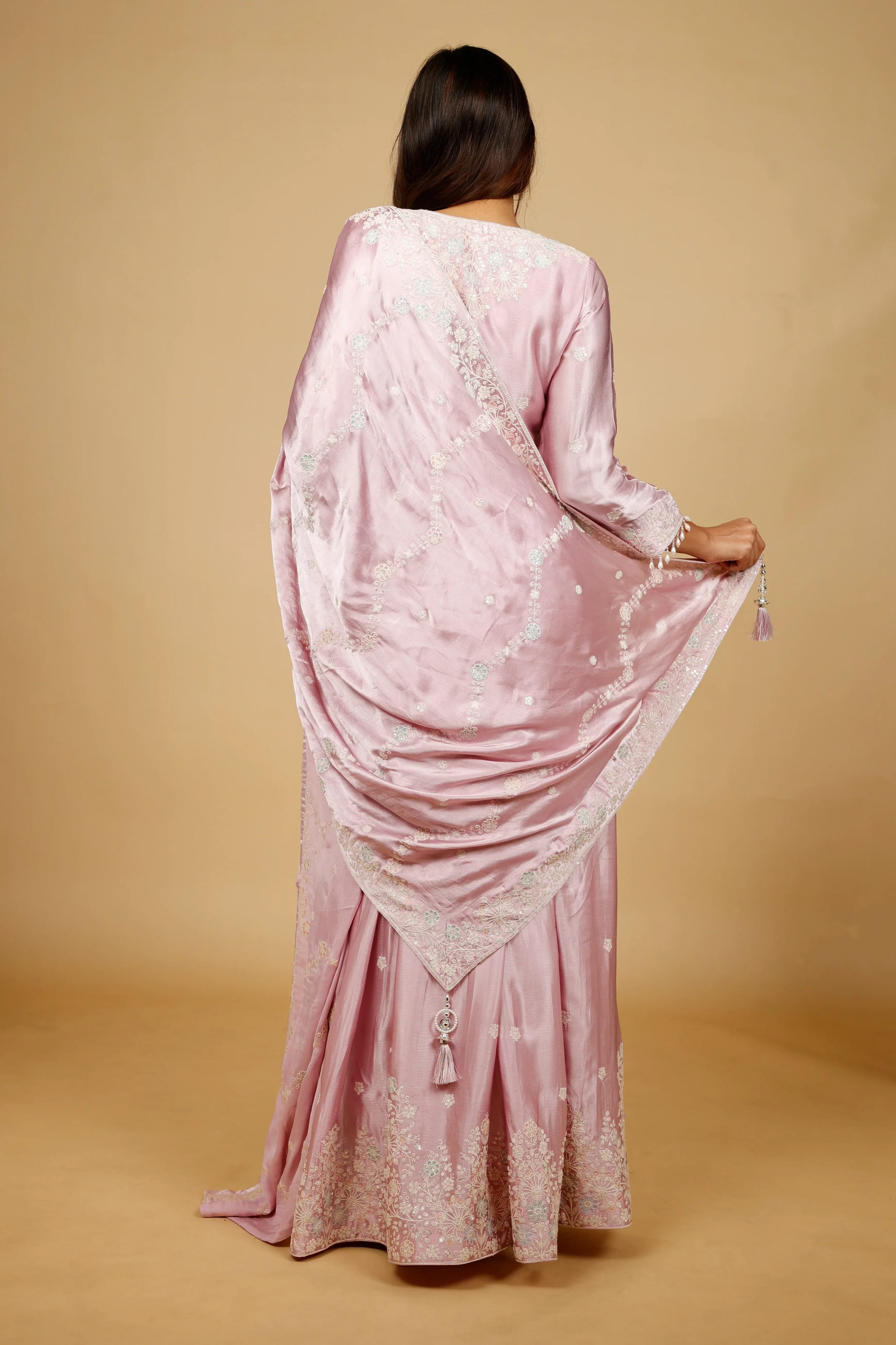 Blush Pink Chinon Silk Sharara Set with Thread, Pearl & Sequin Embroidery - Mokshaa
