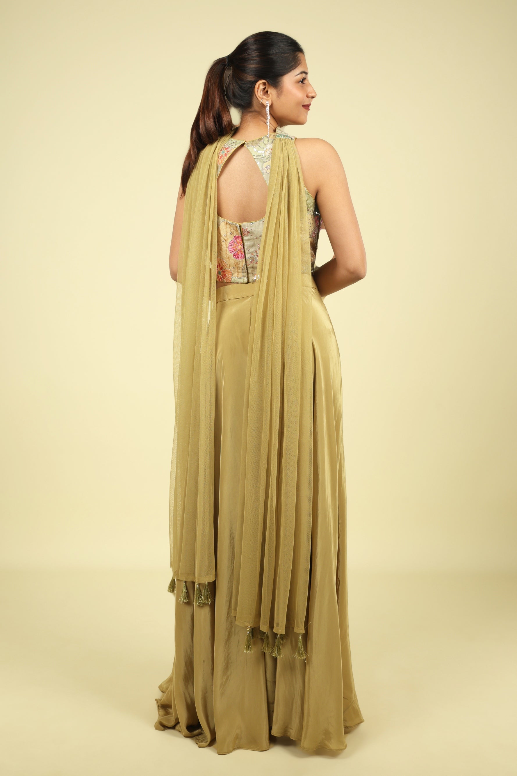 Olive Green Embroidered Satin Silk Corset Palazzo Set - Mokshaa