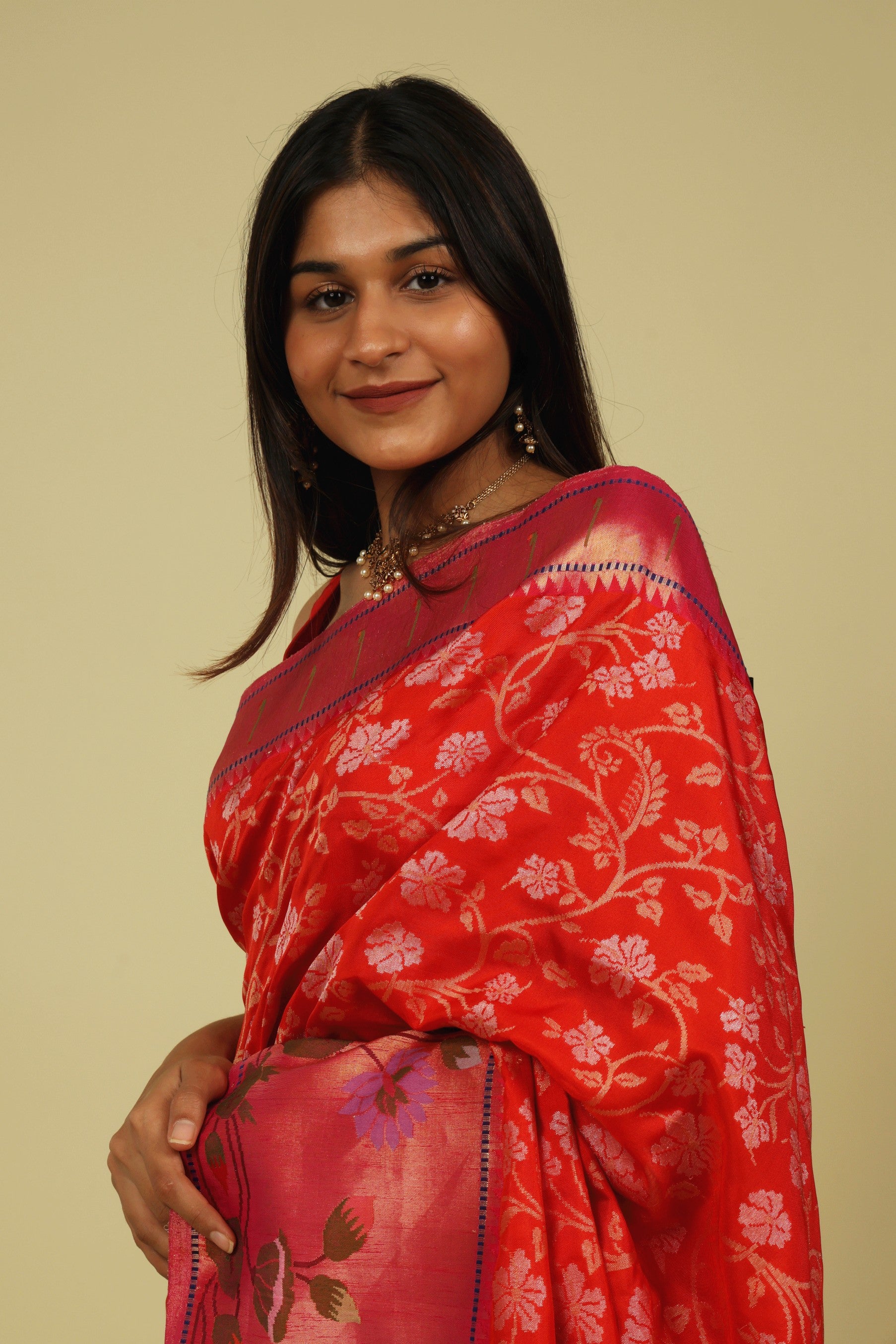 Orange Banarasi Silk Saree with Gold & Silver Zari Jaal and Jamdani Border - Mokshaa