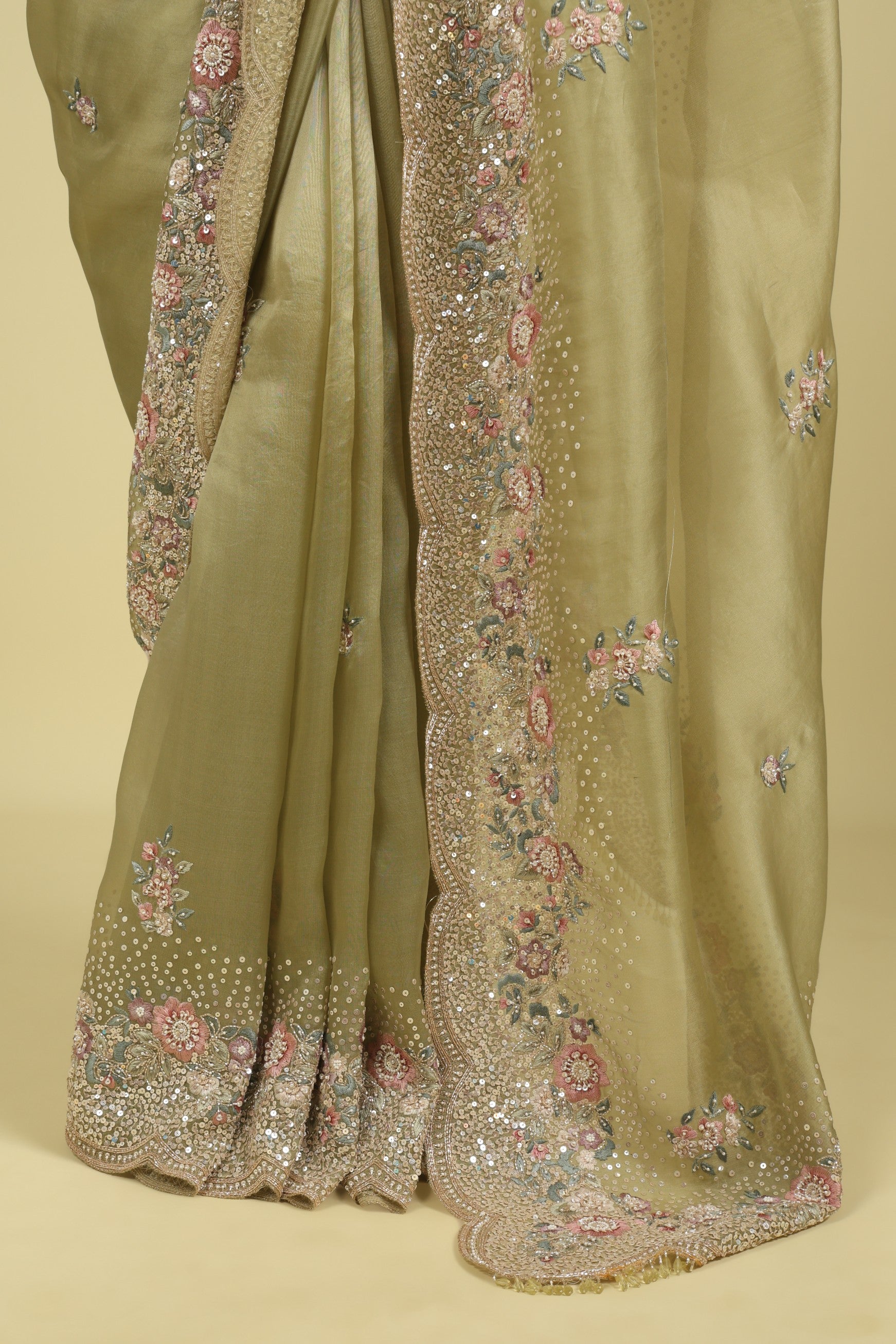 Light Green Organza Saree with Sequin & Thread Embroidery Motifs - Mokshaa