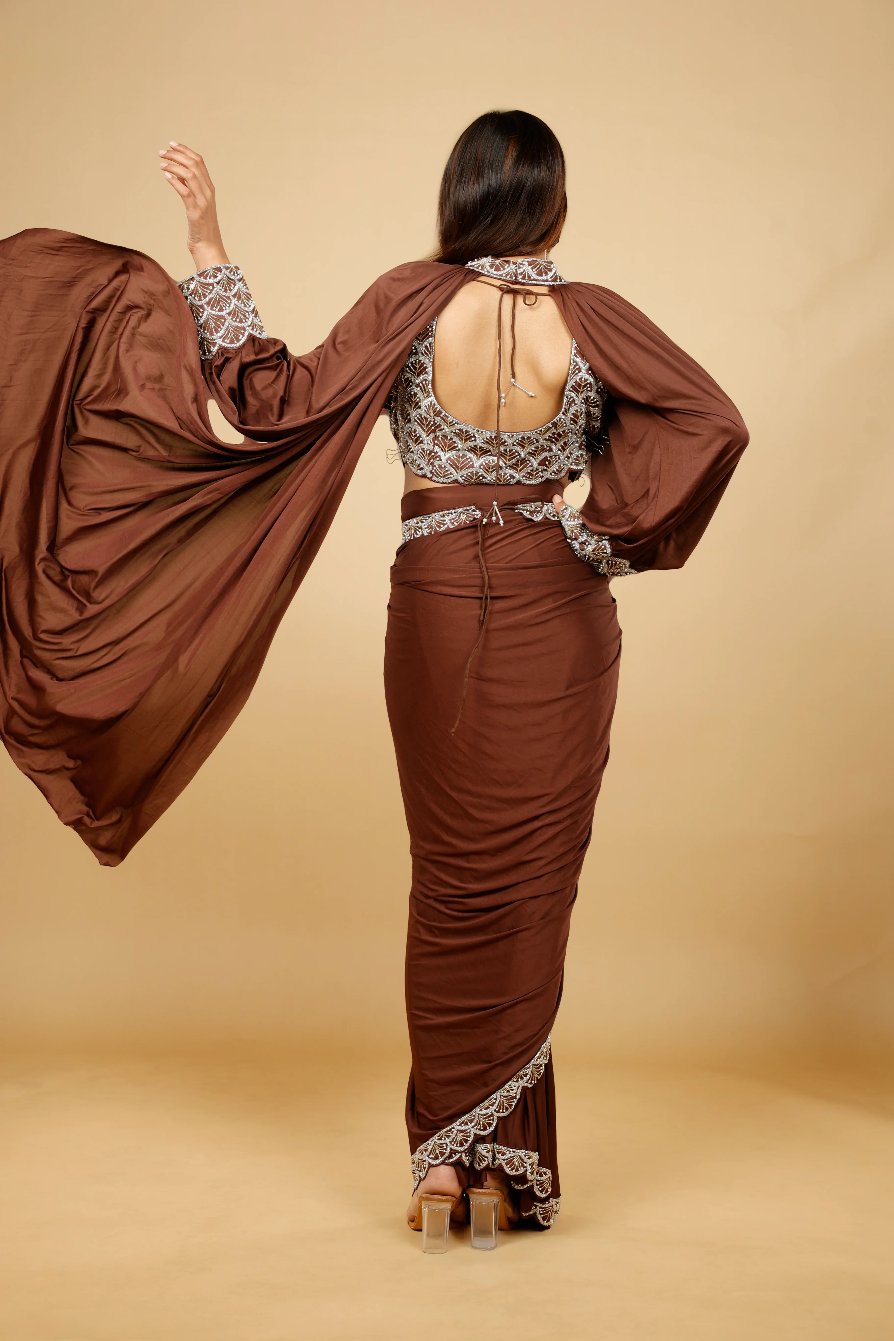 Brown Satin Lycra Drape Saree with Pearl & Cutdana Embroidery - Mokshaa