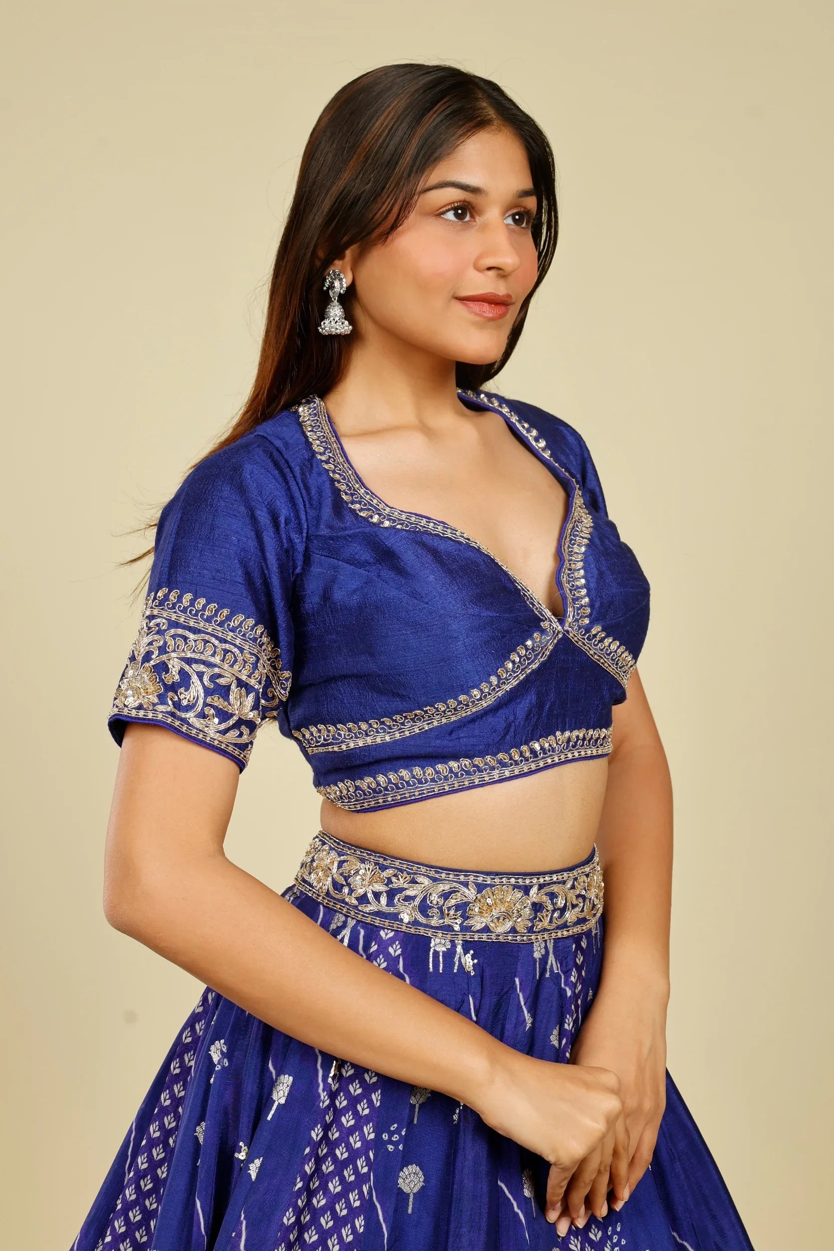 Royal Blue Printed Crepe Silk Lehenga Set with Zardozi & Gota Embroidery - Mokshaa