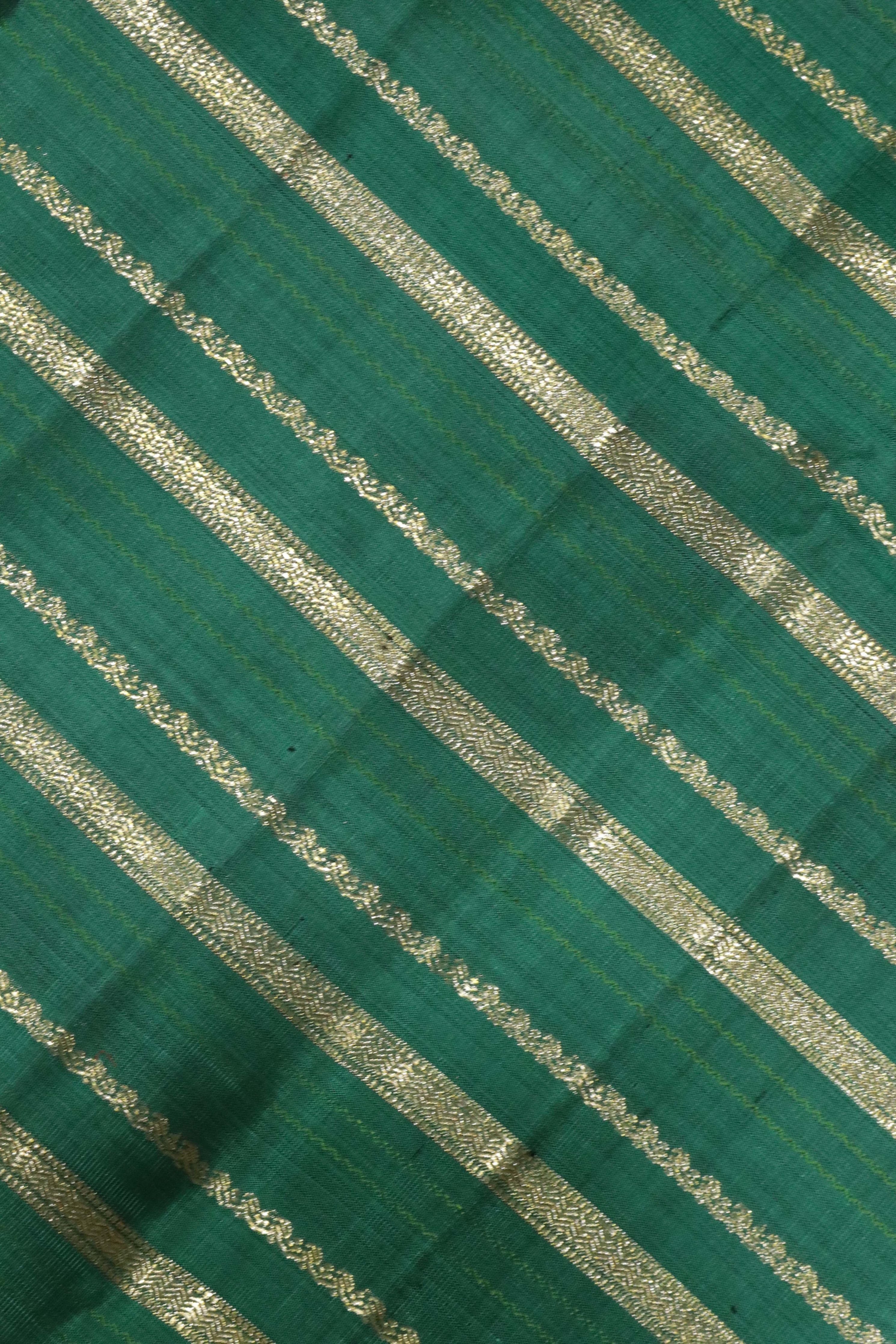 Teal Blue Kanchipuram Silk Saree with Silver Zari Stripes and Zari Border - Mokshaa