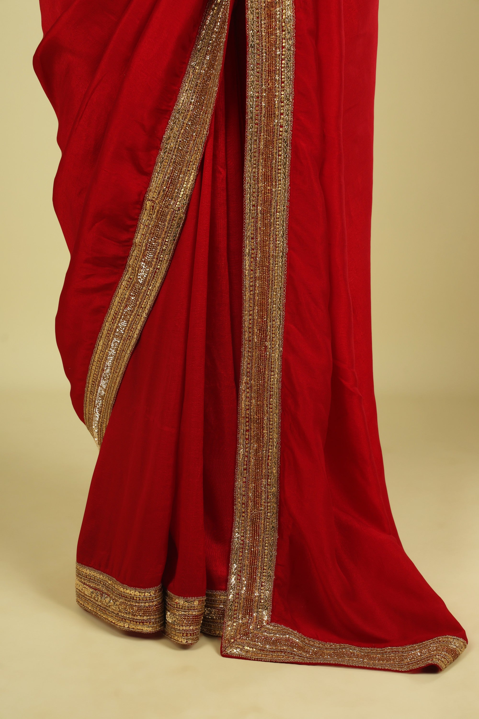Red Tussar Georgette Saree with Bead & Sequin Border - Mokshaa