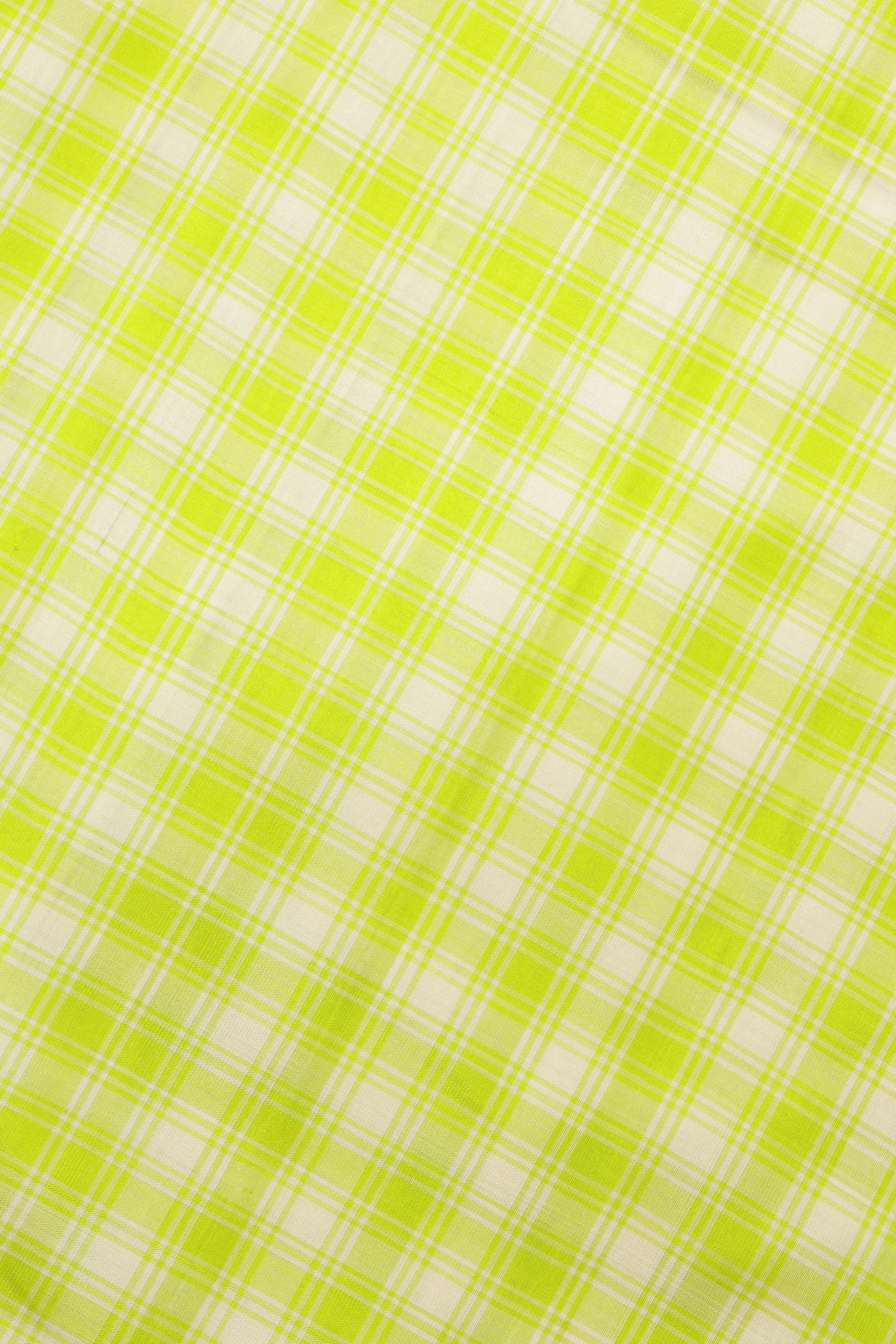 Green Kanchipuram Silk Saree with All-Over Checks & Contrast Silk Border - Mokshaa