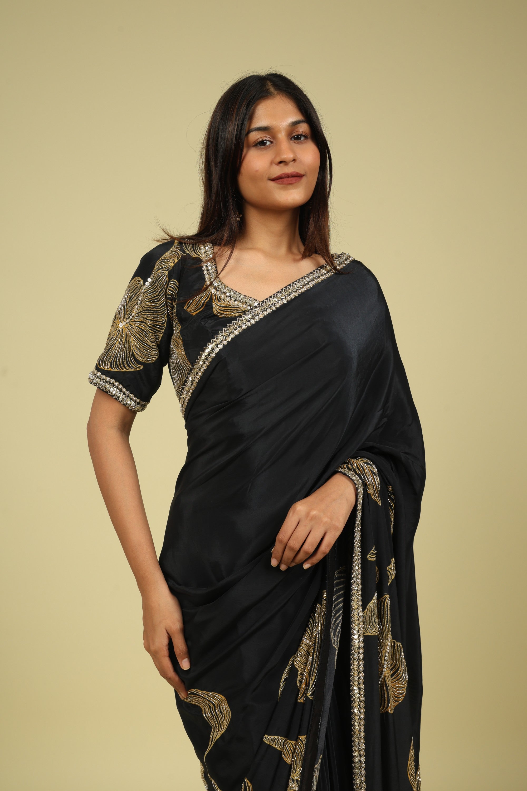 Black Satin Saree with Kardana & Sequin Fancy Work - Mokshaa