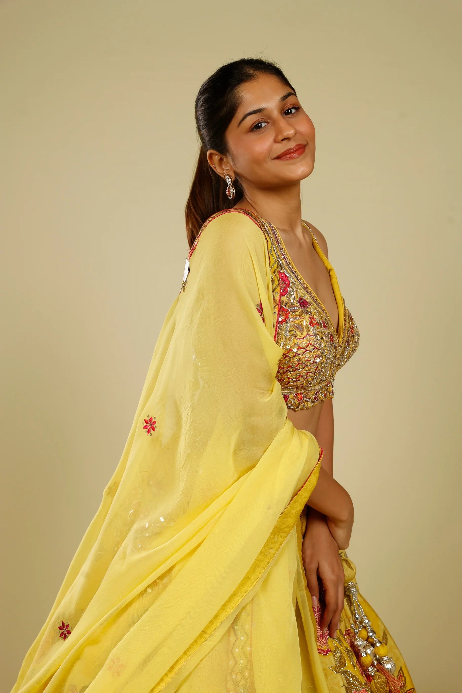 Yellow Silk Printed Lehenga Set with Thread, Mirror & Zari Embroidery - Mokshaa