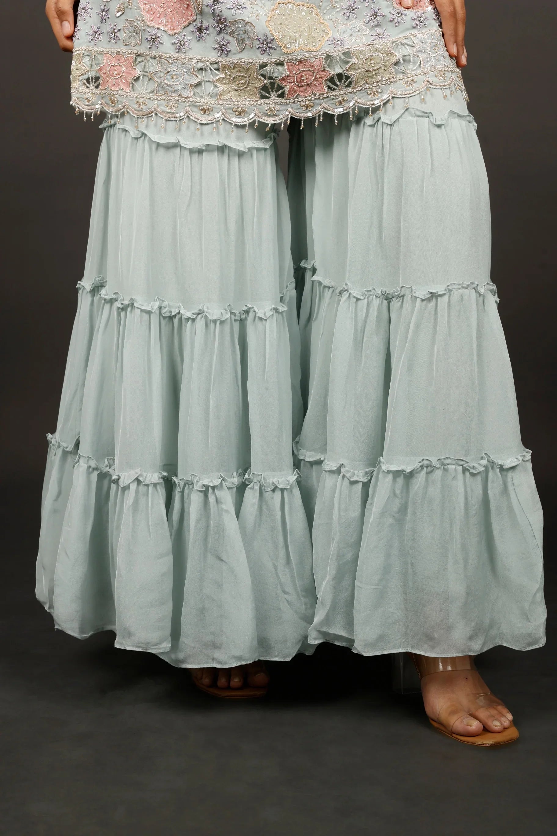 Light Blue Georgette Sharara Set with Shadow, Zari, Pearl, Cutdana & Sequin Embroidery - Mokshaa
