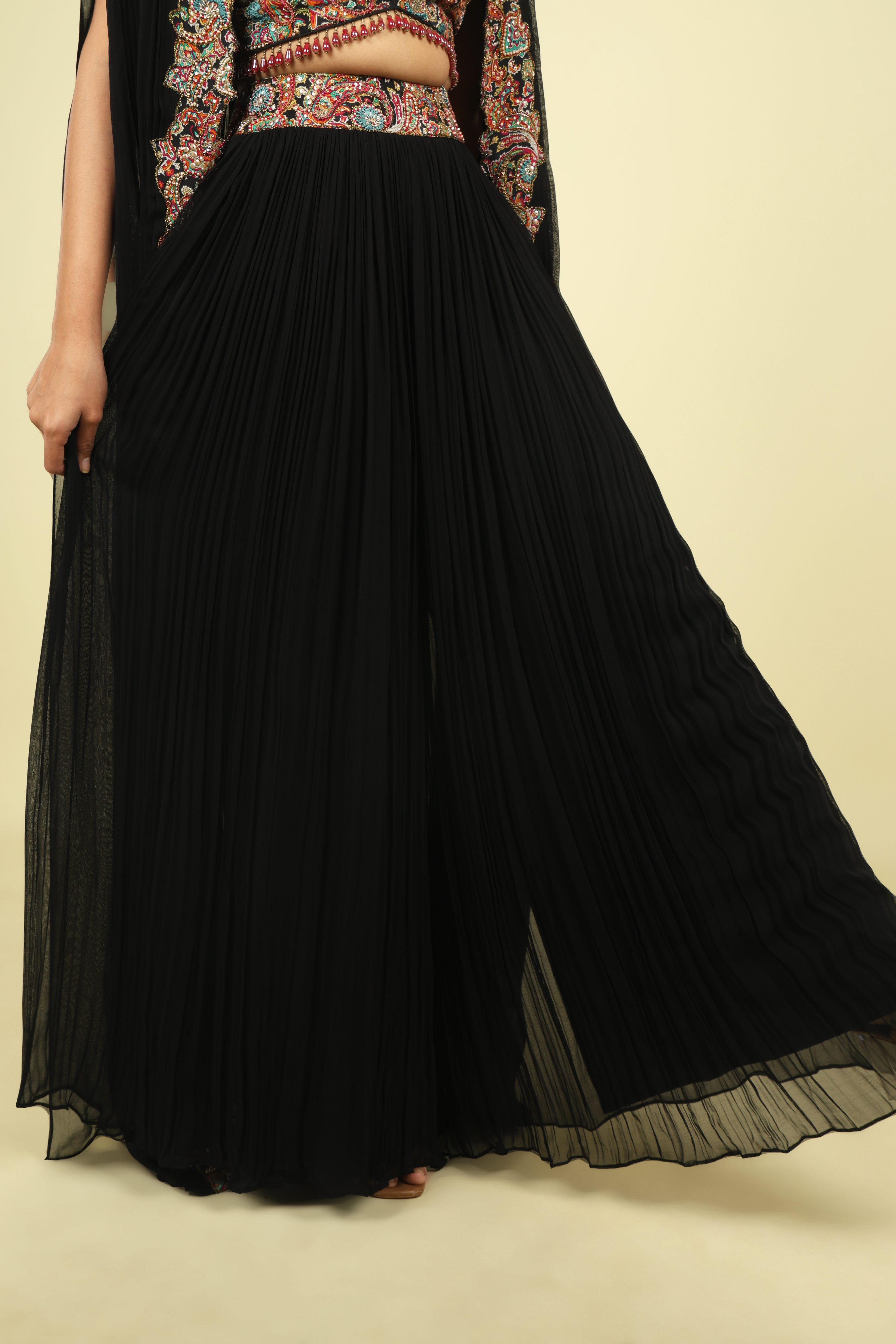 Black Georgette Crop Top Palazzo Set with Embroidered Cape - Mokshaa