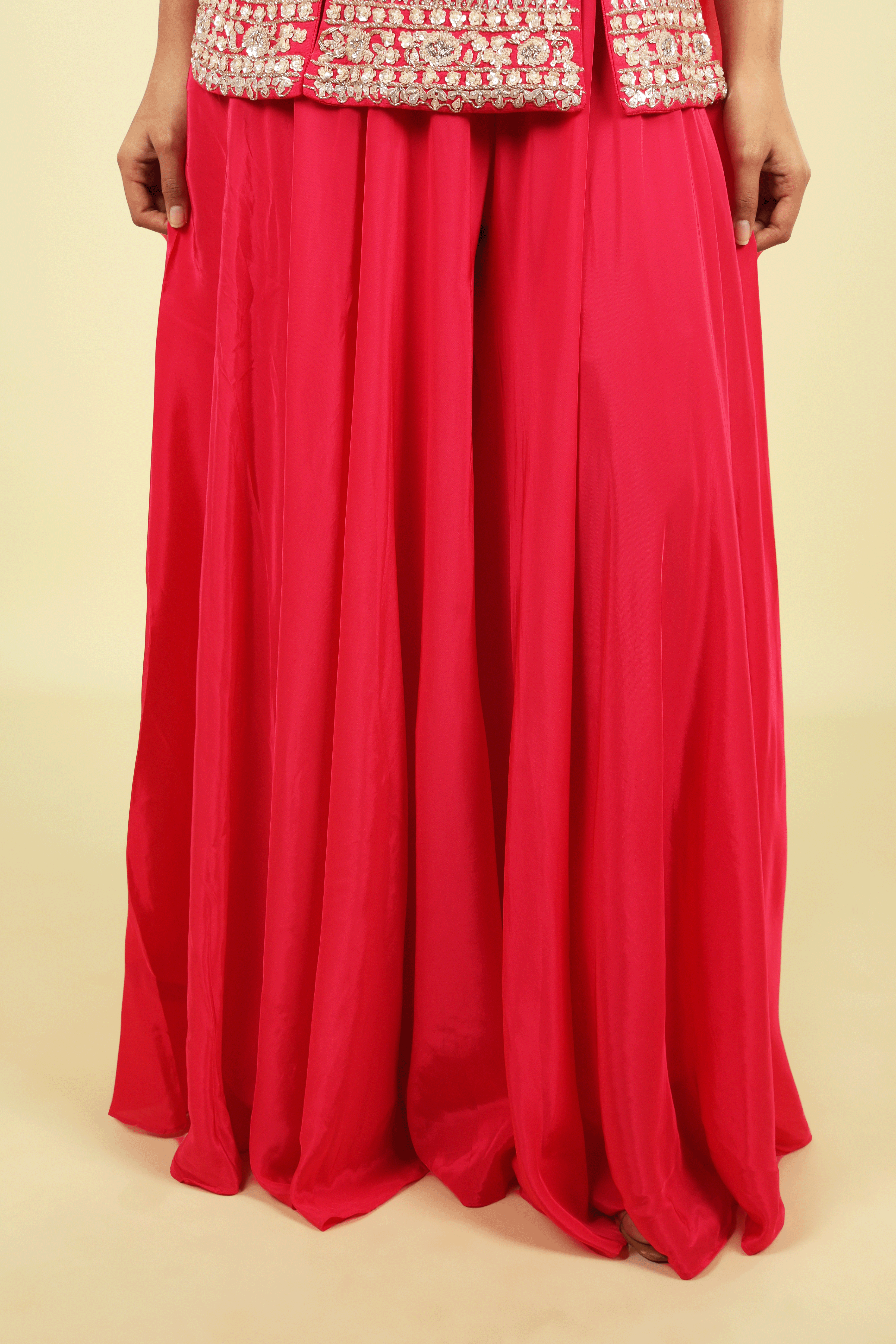 Pink Silk Palazzo Set with Embroidered Top & Organza Choker Dupatta - Mokshaa