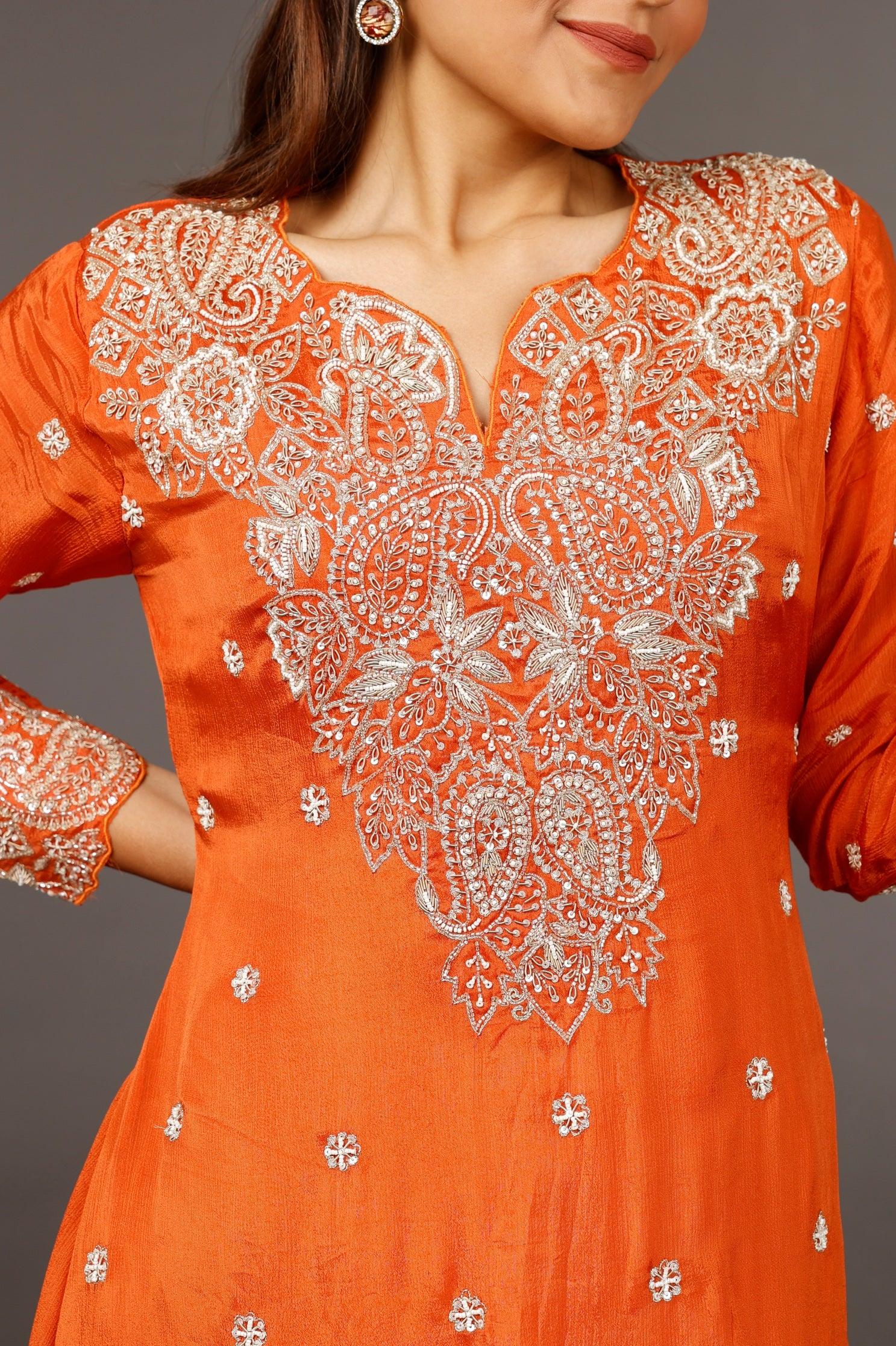 Rust Chinon Silk Indo-Western Kurta with Cream Dhoti Pants - Mokshaa