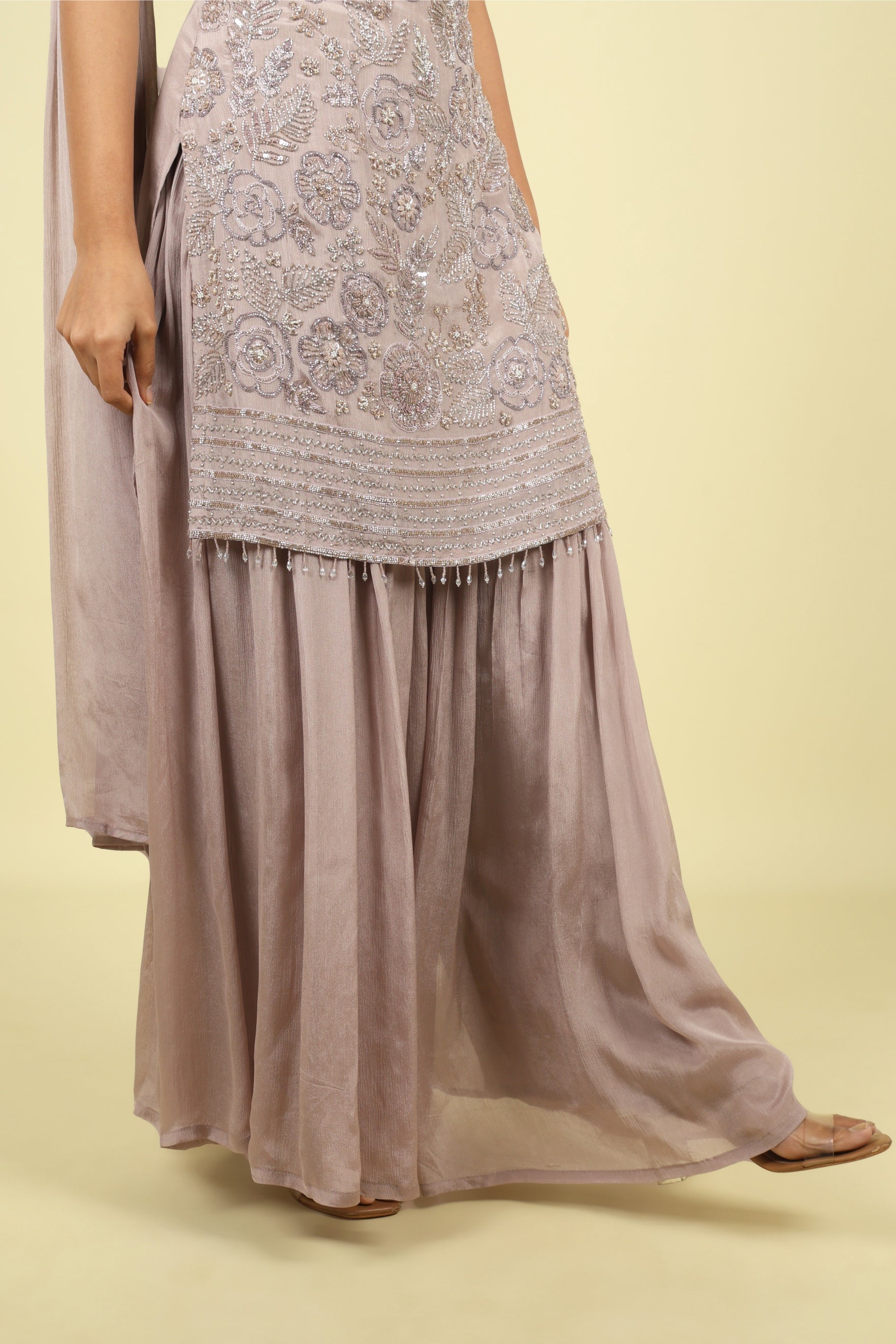 Dark Gold Chinon Sharara Set with Choker Dupatta - Mokshaa