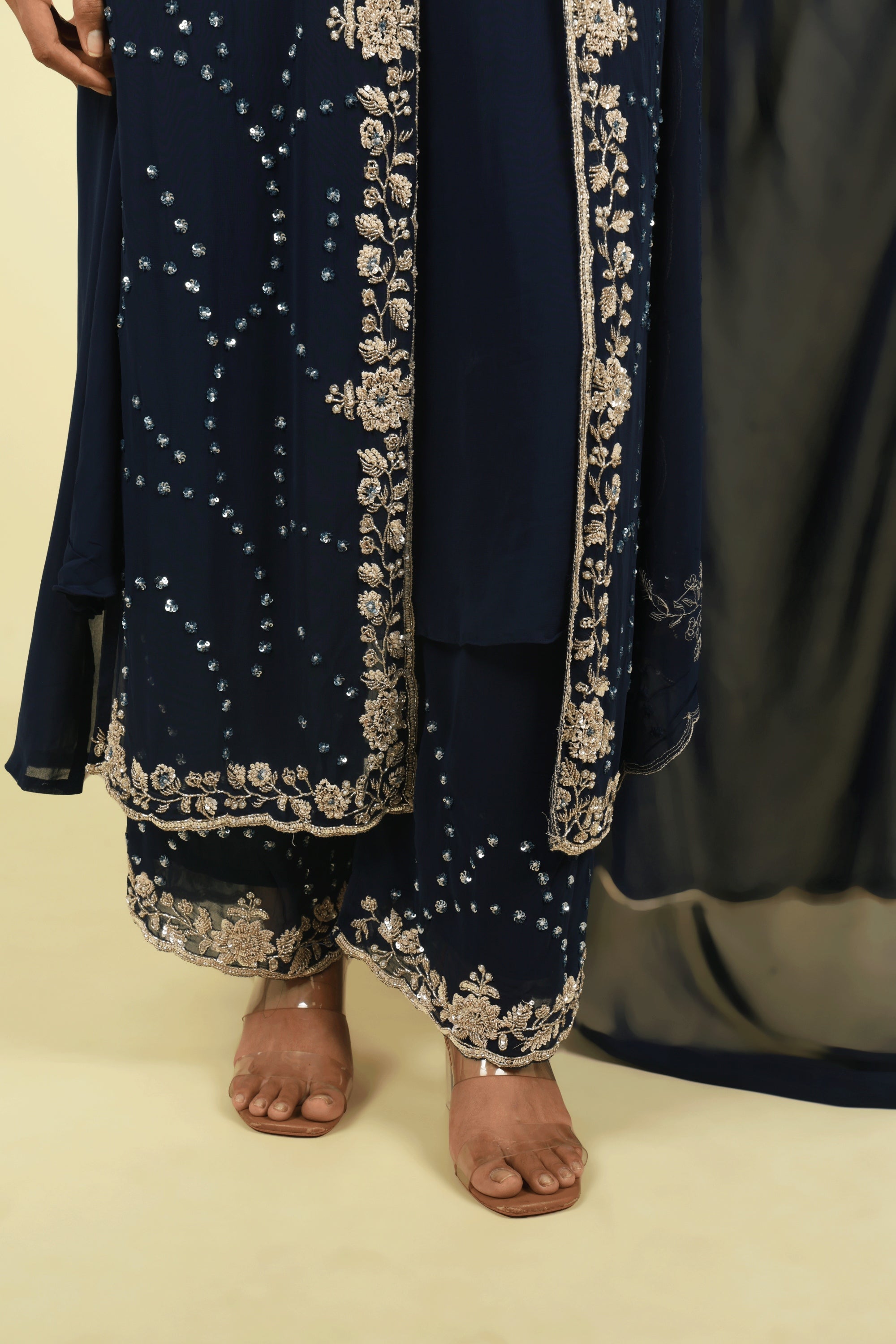Navy Blue Georgette Anarkali Set with Cape & Dupatta - Mokshaa
