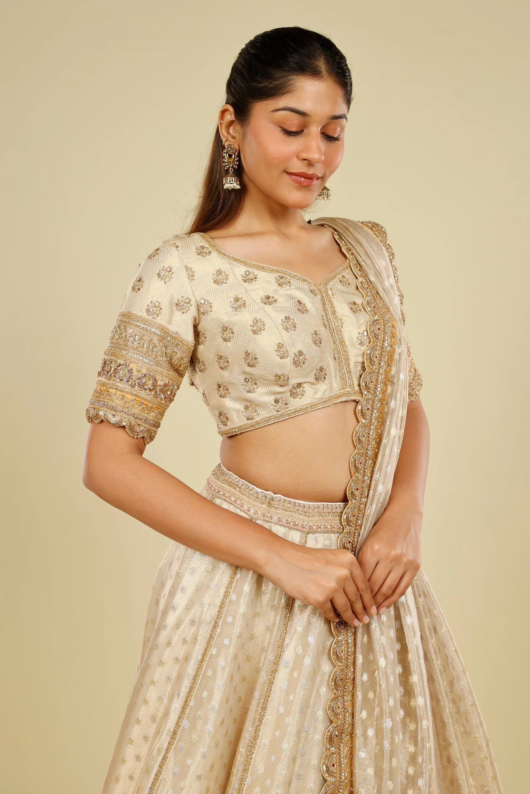 Ivory Banarasi Tissue Organza Lehenga Set with Zardozi, Zari & Sequin Embroidery - Mokshaa