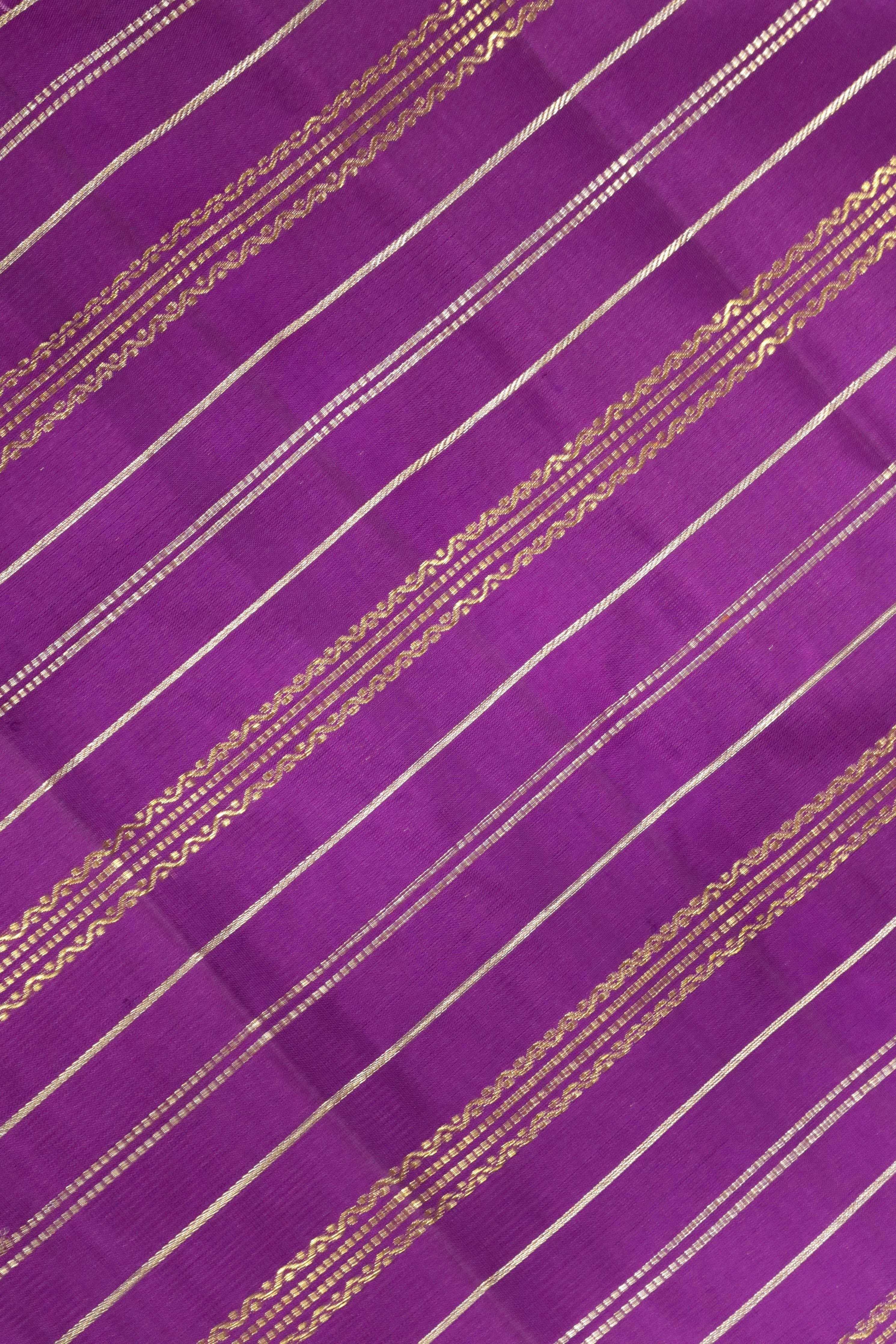 Purple Kanchipuram Silk Saree with Gold & Silver Zari Stripes and Contrast Silk Border - Mokshaa