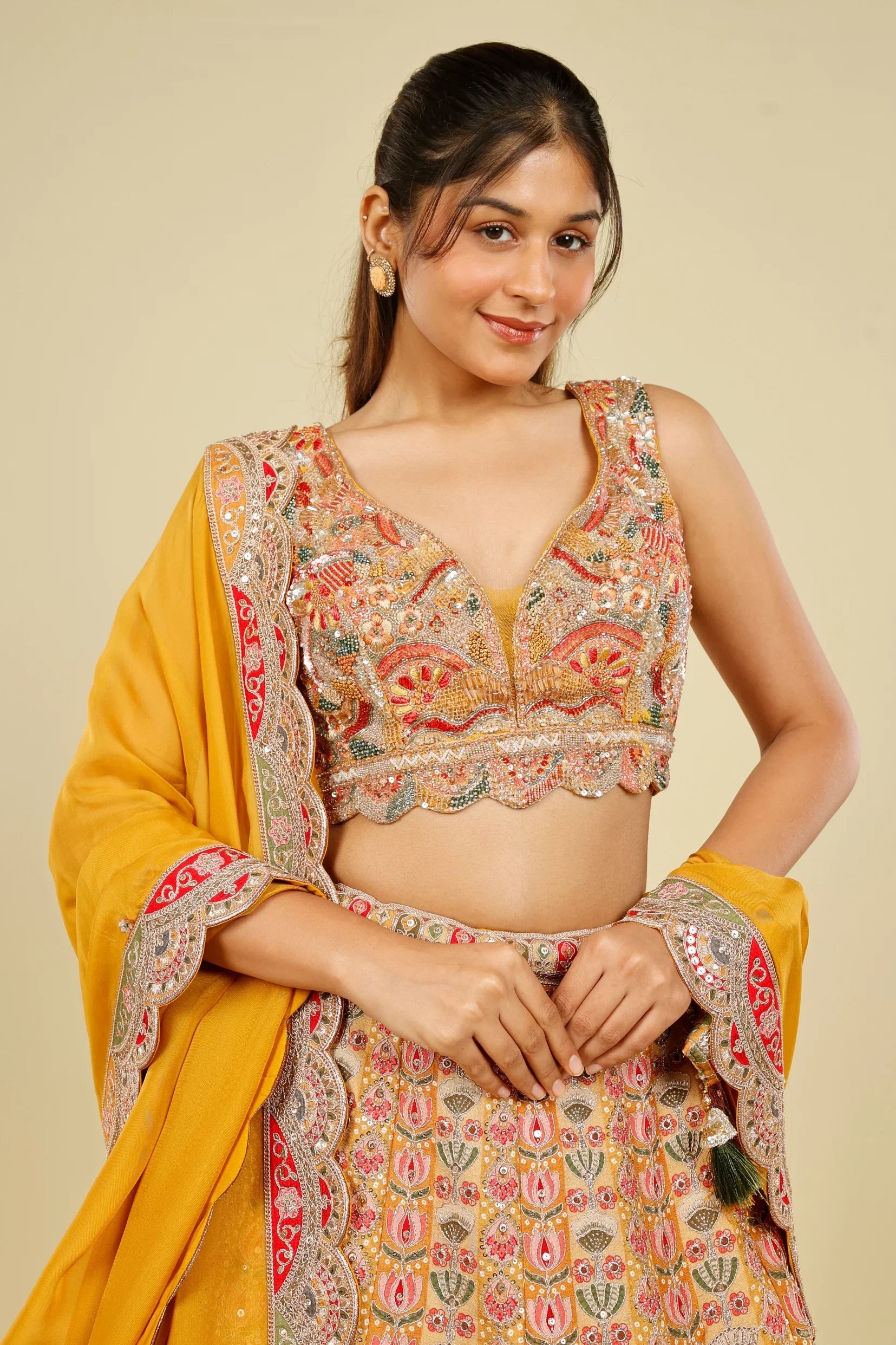Yellow Printed Silk Lehenga Set with Zari & Sequin Embroidery - Mokshaa