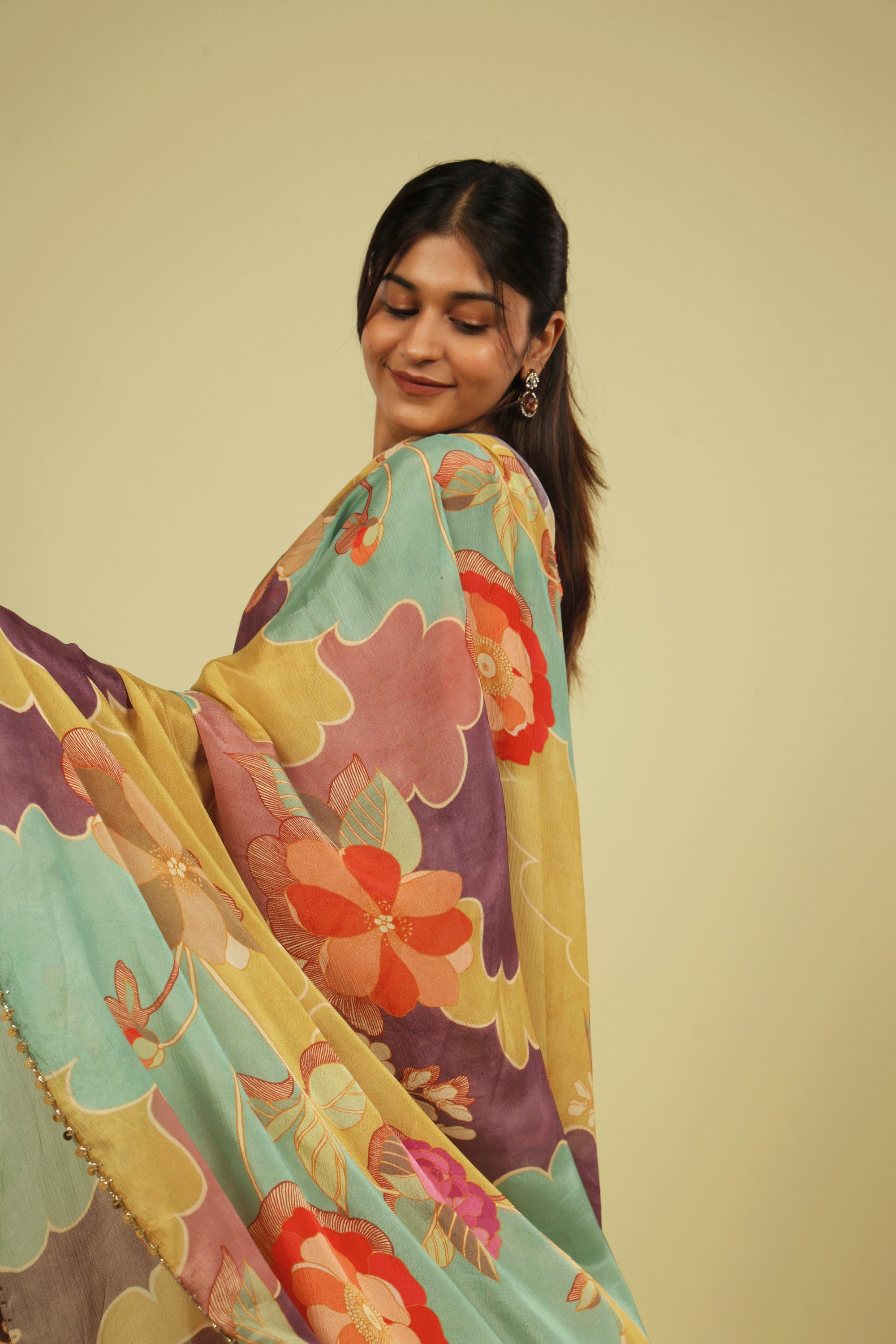 Multicolour Silky Georgette Saree with Digital Print & Bead-Sequin Border - Mokshaa