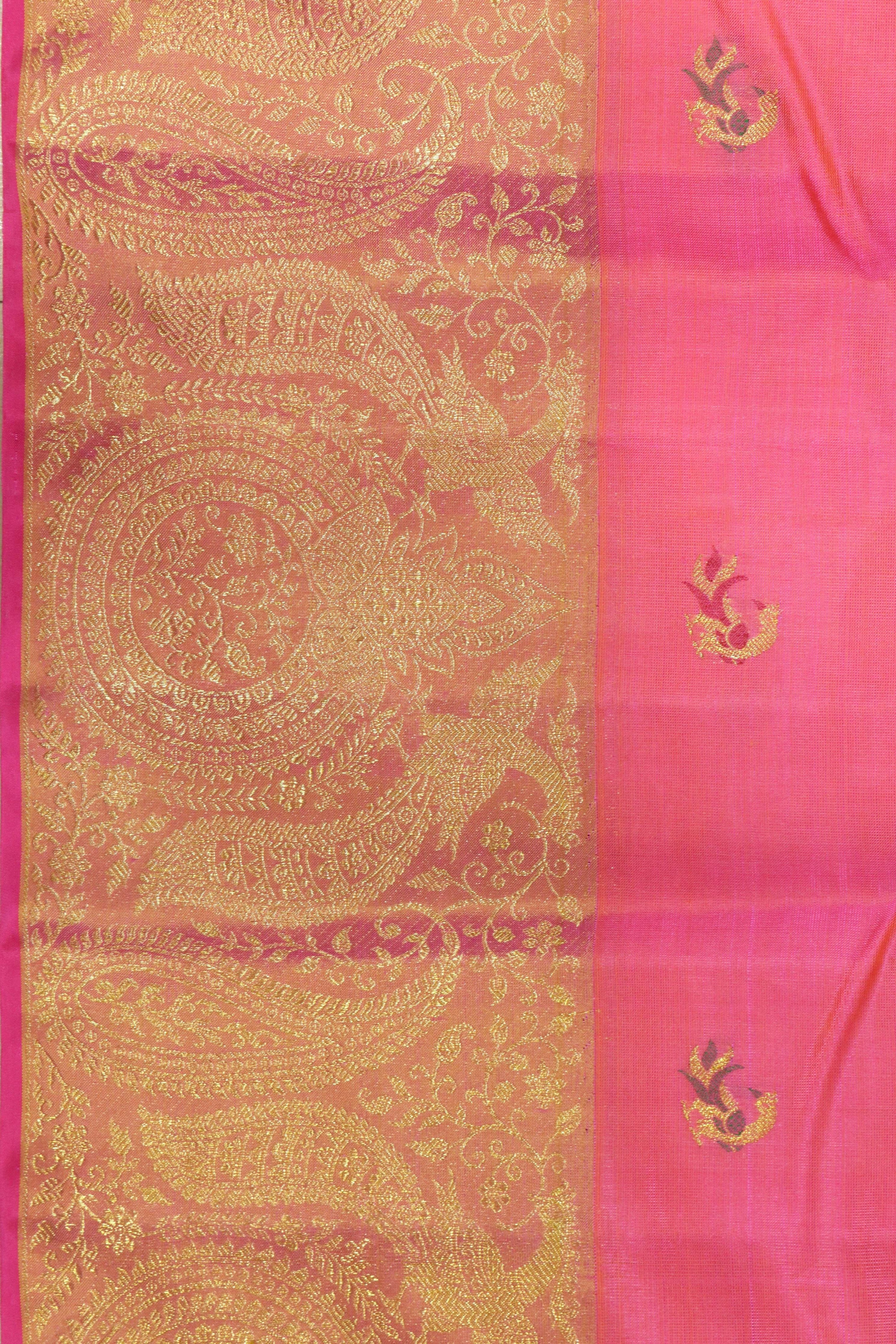 Shaded Pink Kanchipuram Silk Saree with Peacock & Elephant Motifs and Fancy Border - Mokshaa