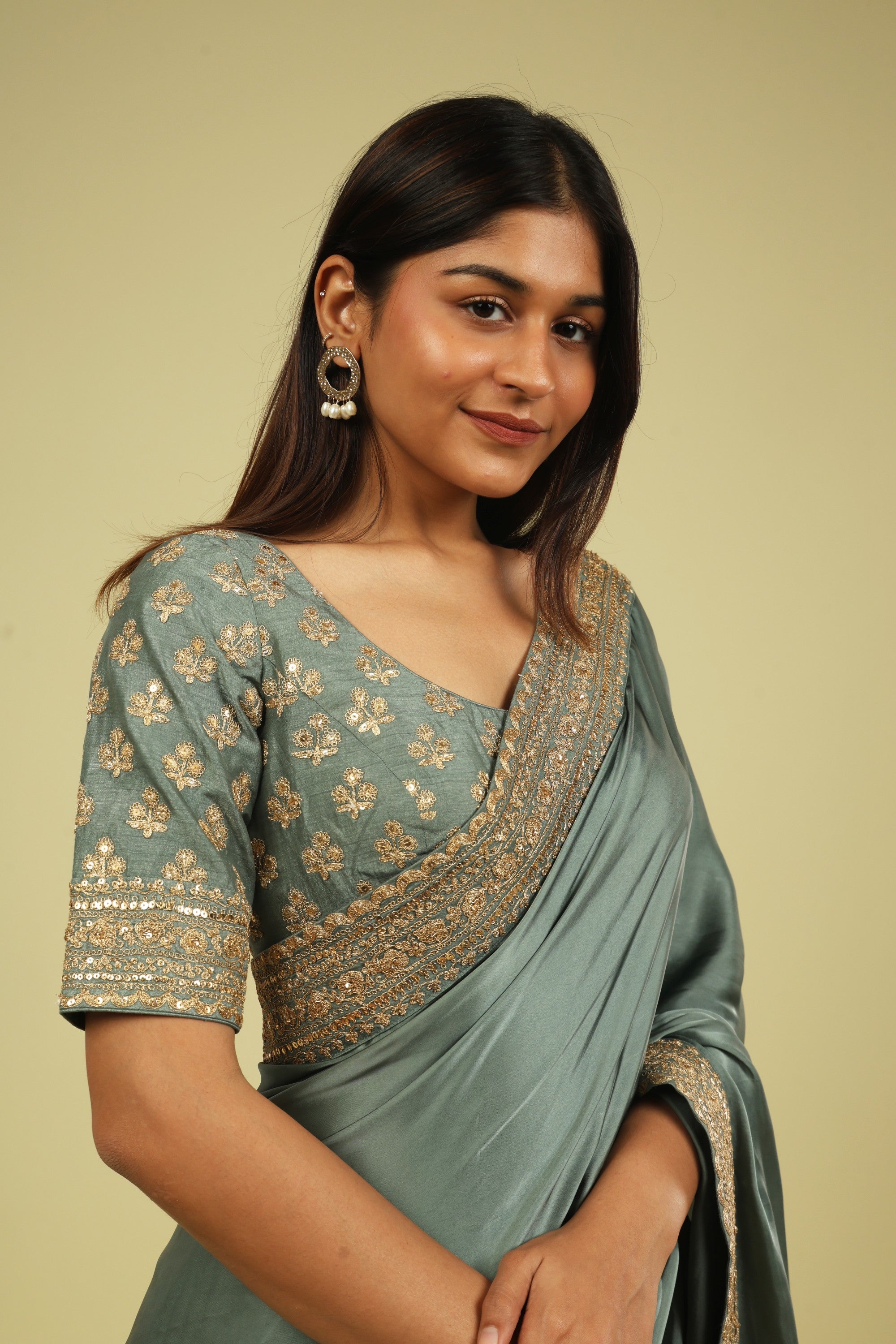 Powder Blue Satin Saree with Zari Thread Border & Zari Motif Blouse - Mokshaa