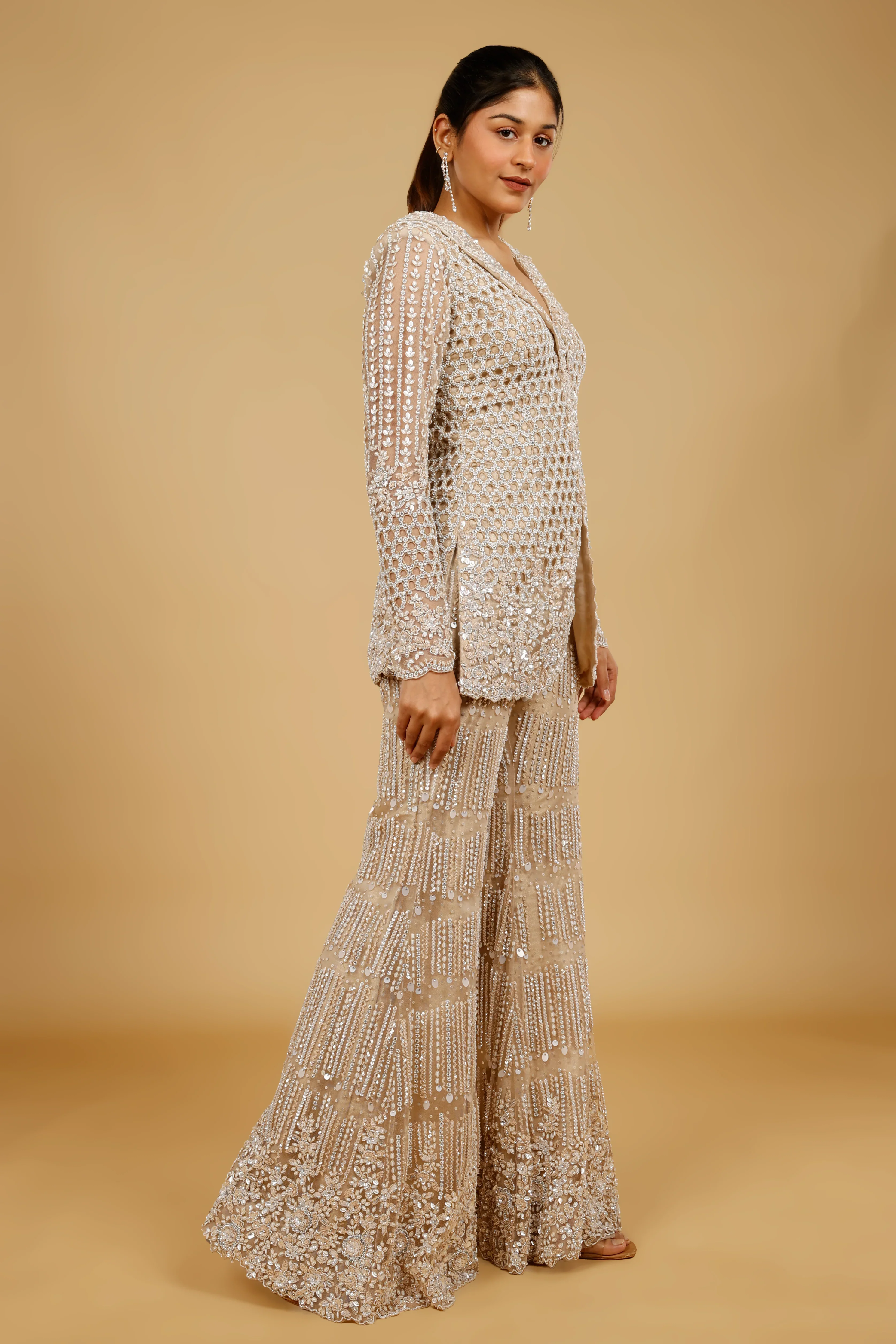 Champagne Net Blazer-Style Embroidered Trouser Set - Mokshaa