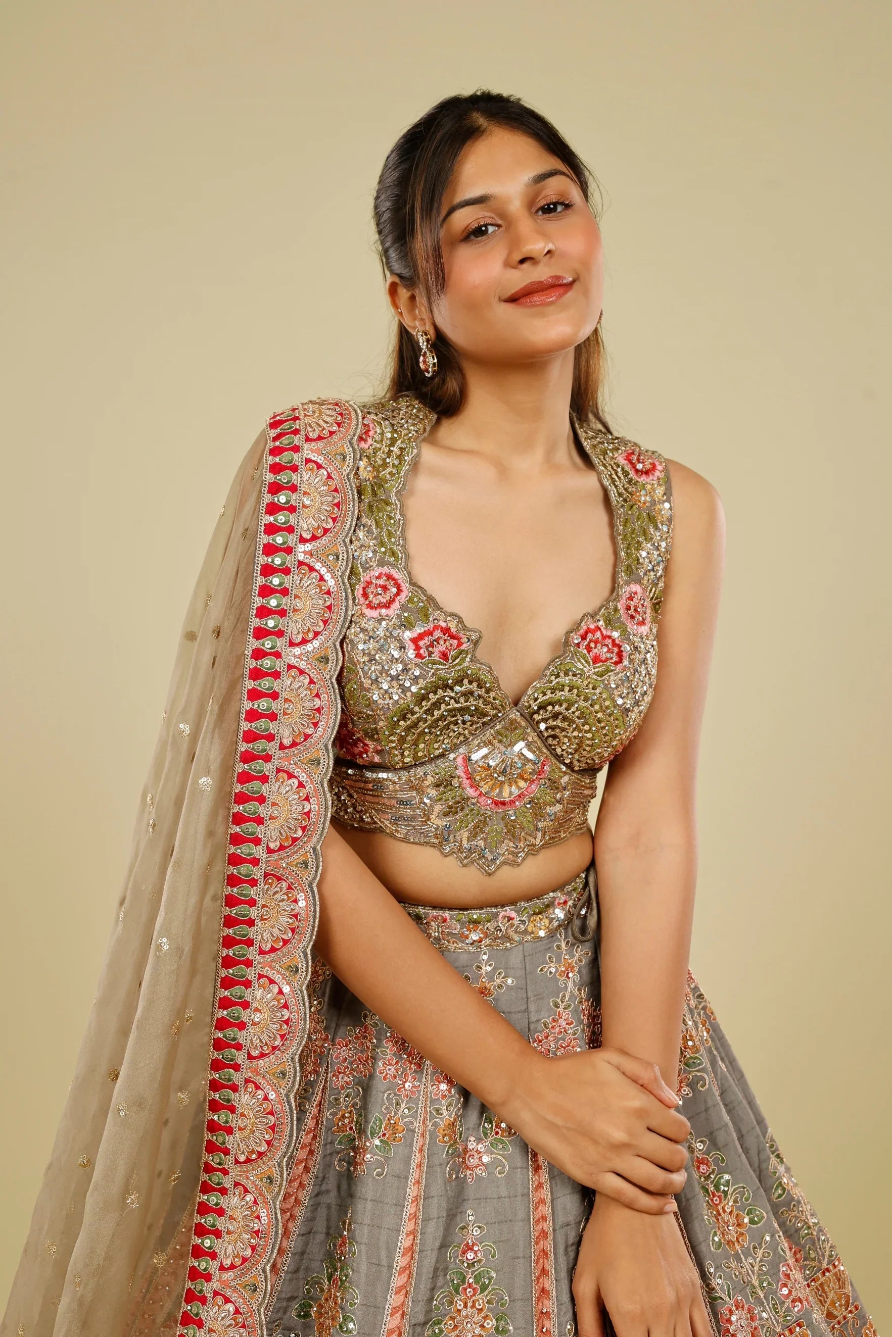 Grey Silk Lehenga Set with Zari, Stone & Sequin Embroidery - Mokshaa