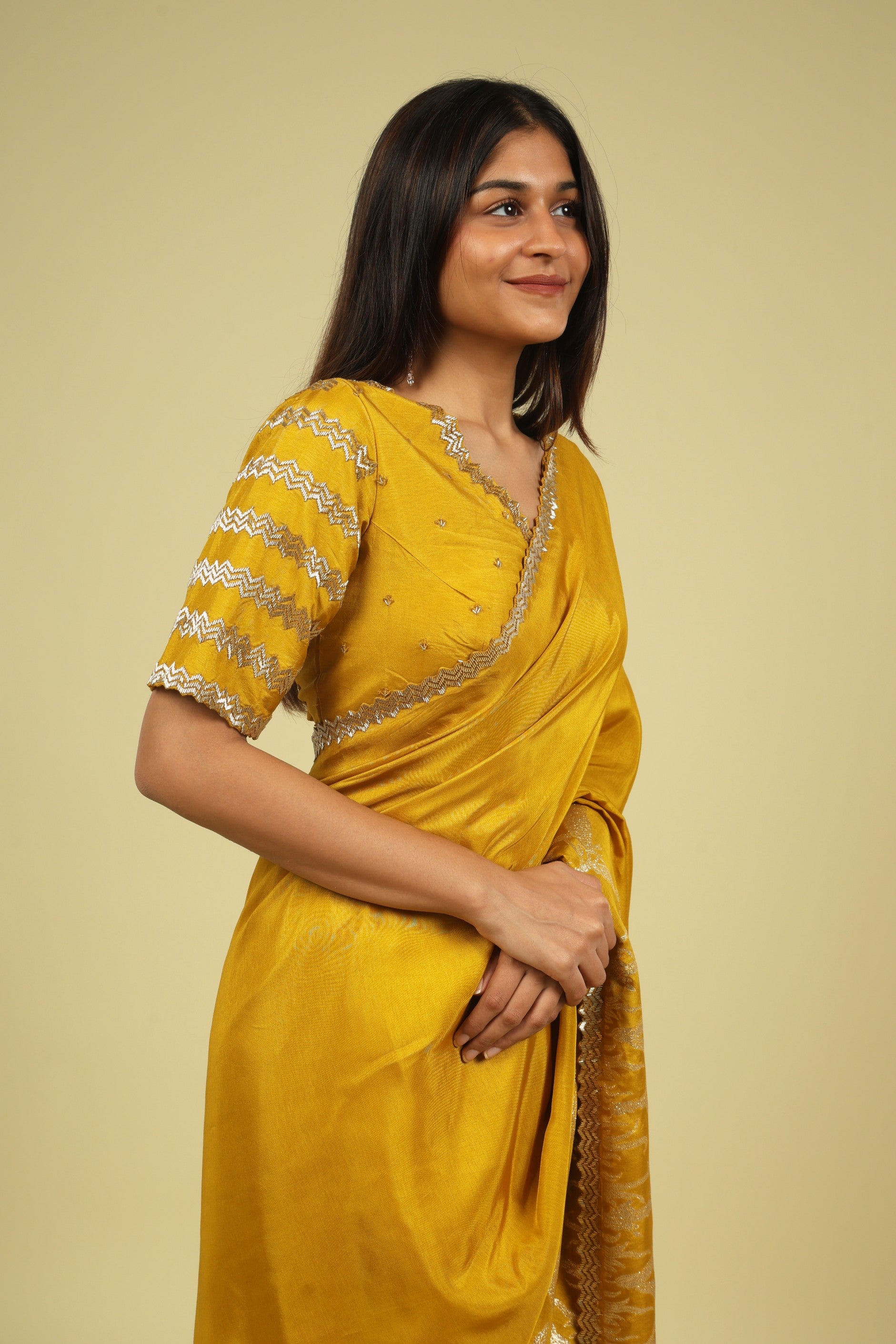 Mustard Tussar Georgette Saree - Mokshaa