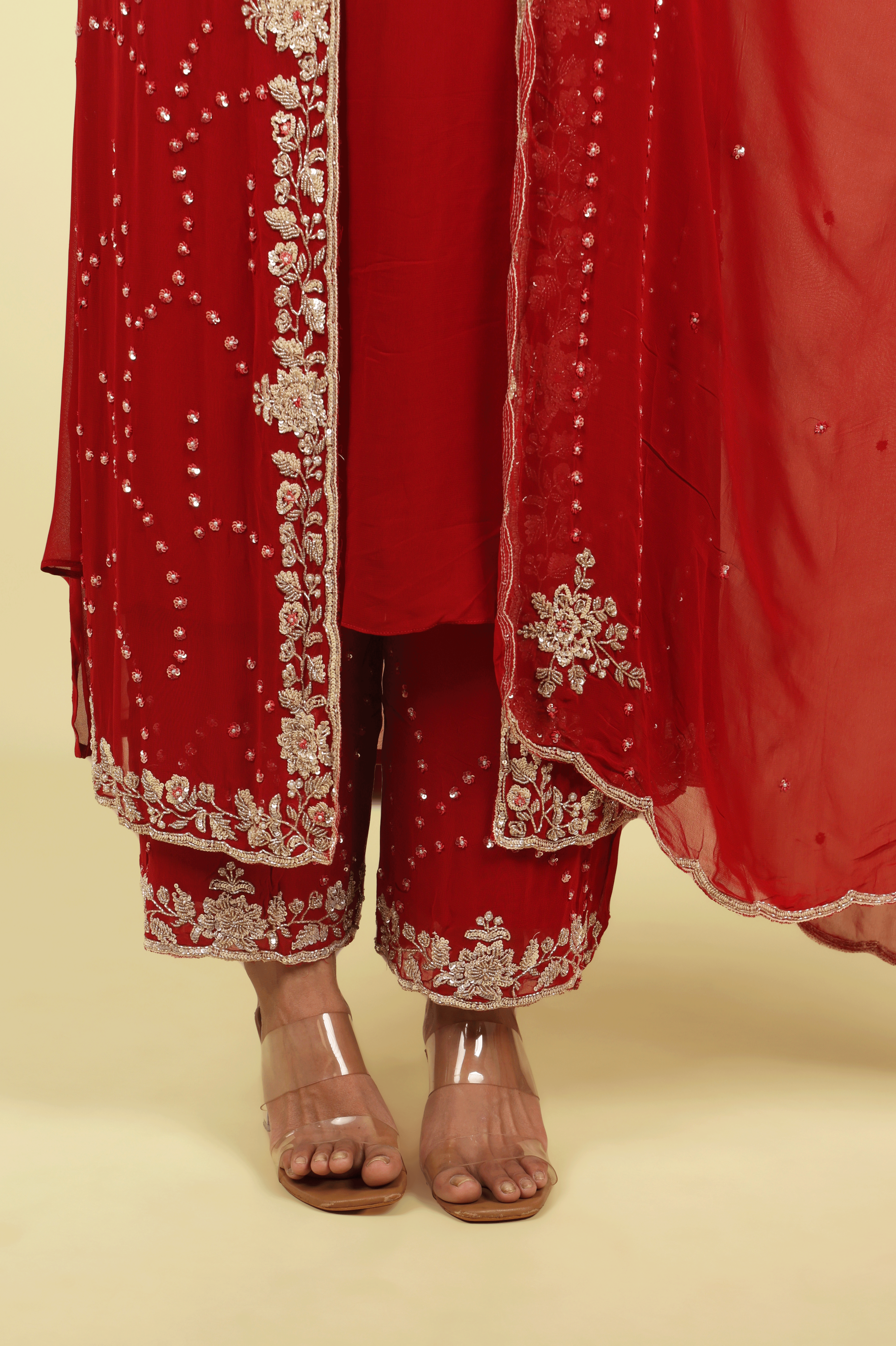 Red Georgette Anarkali Cape Set with Sequin, Cutdana & Pearl Embroidery - Mokshaa