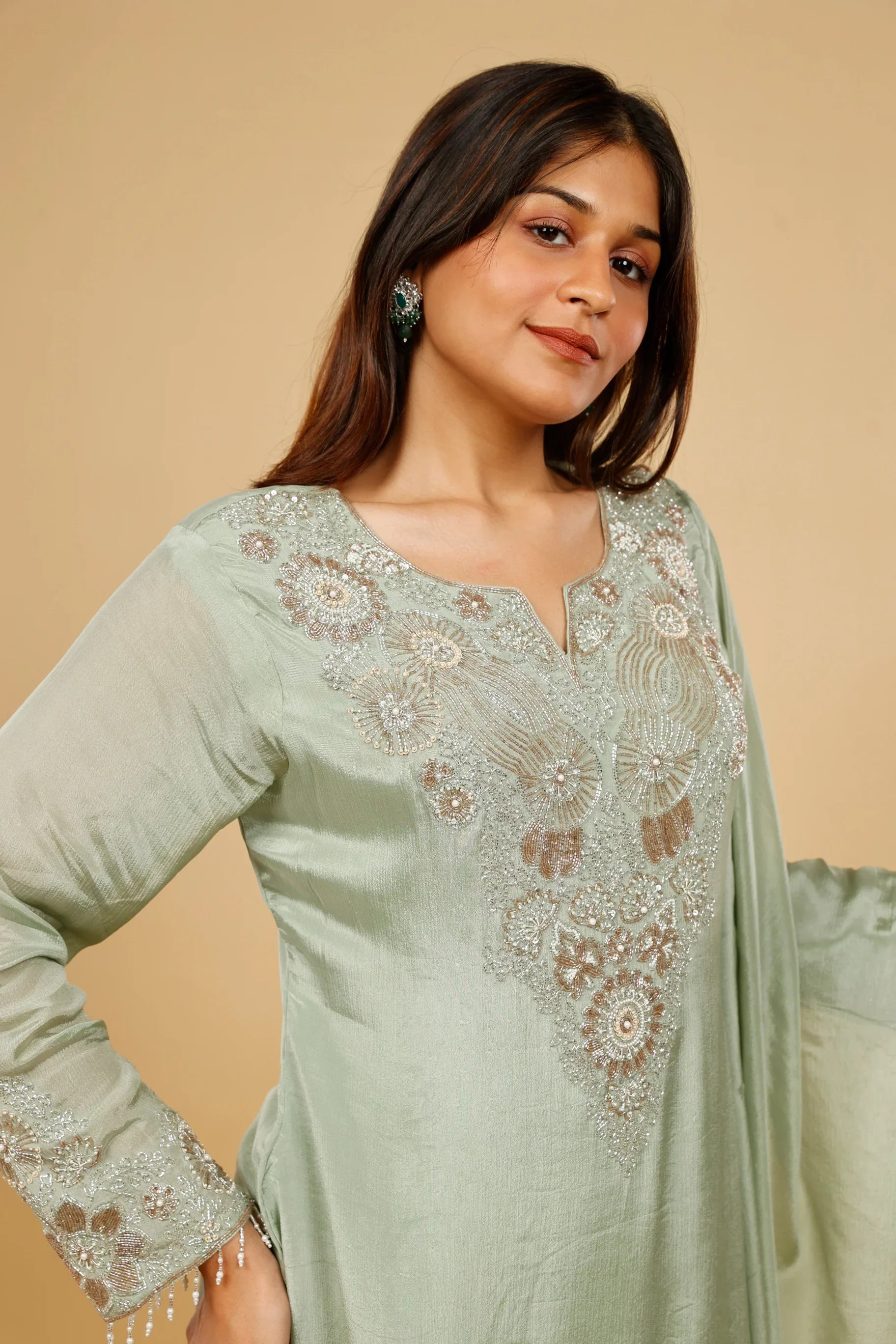 Mint Green Chinon Silk Sharara Set with Kutdana & Pearl Embroidery - Mokshaa