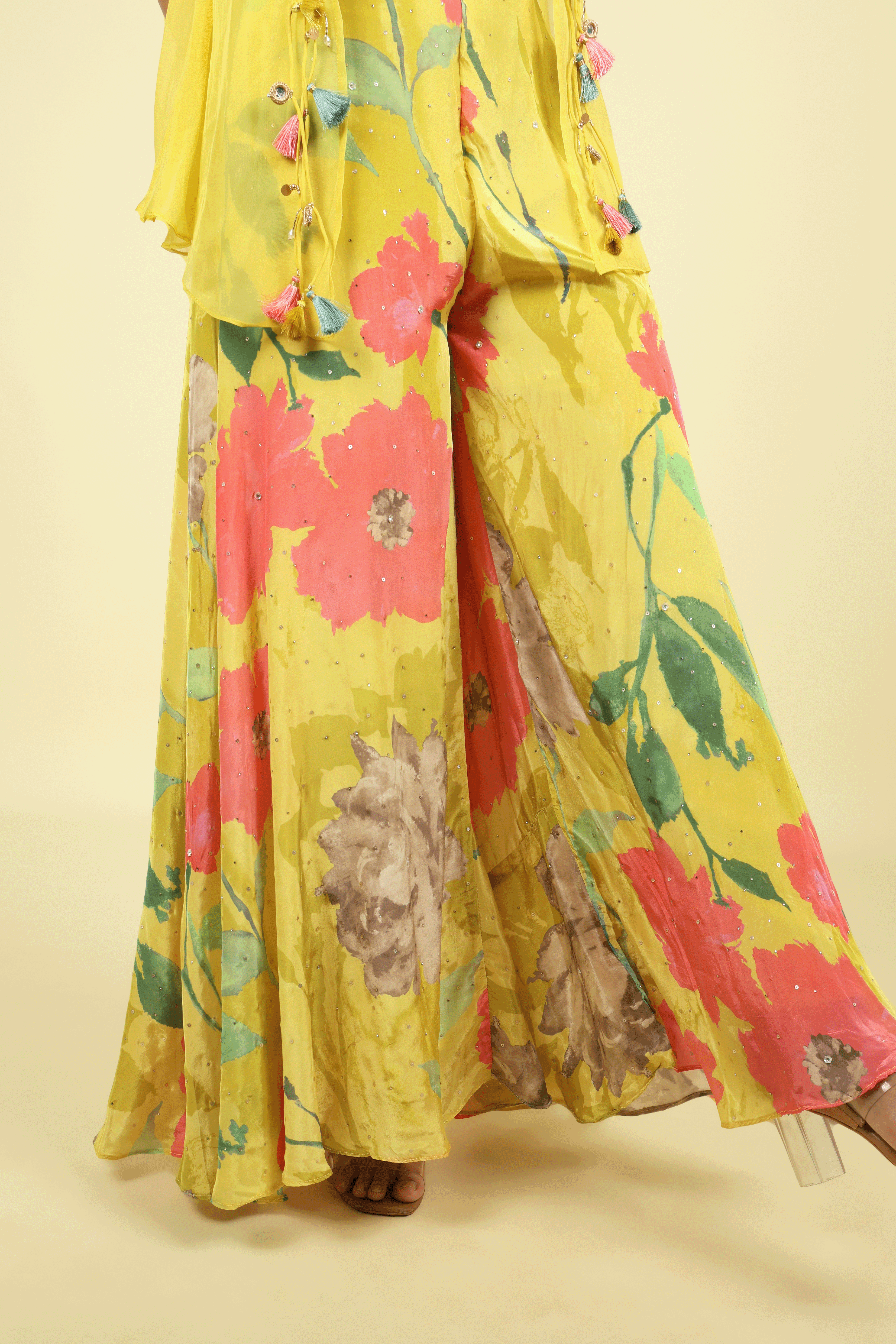 Yellow Printed Crepe Crop Top Palazzo Set - Mokshaa