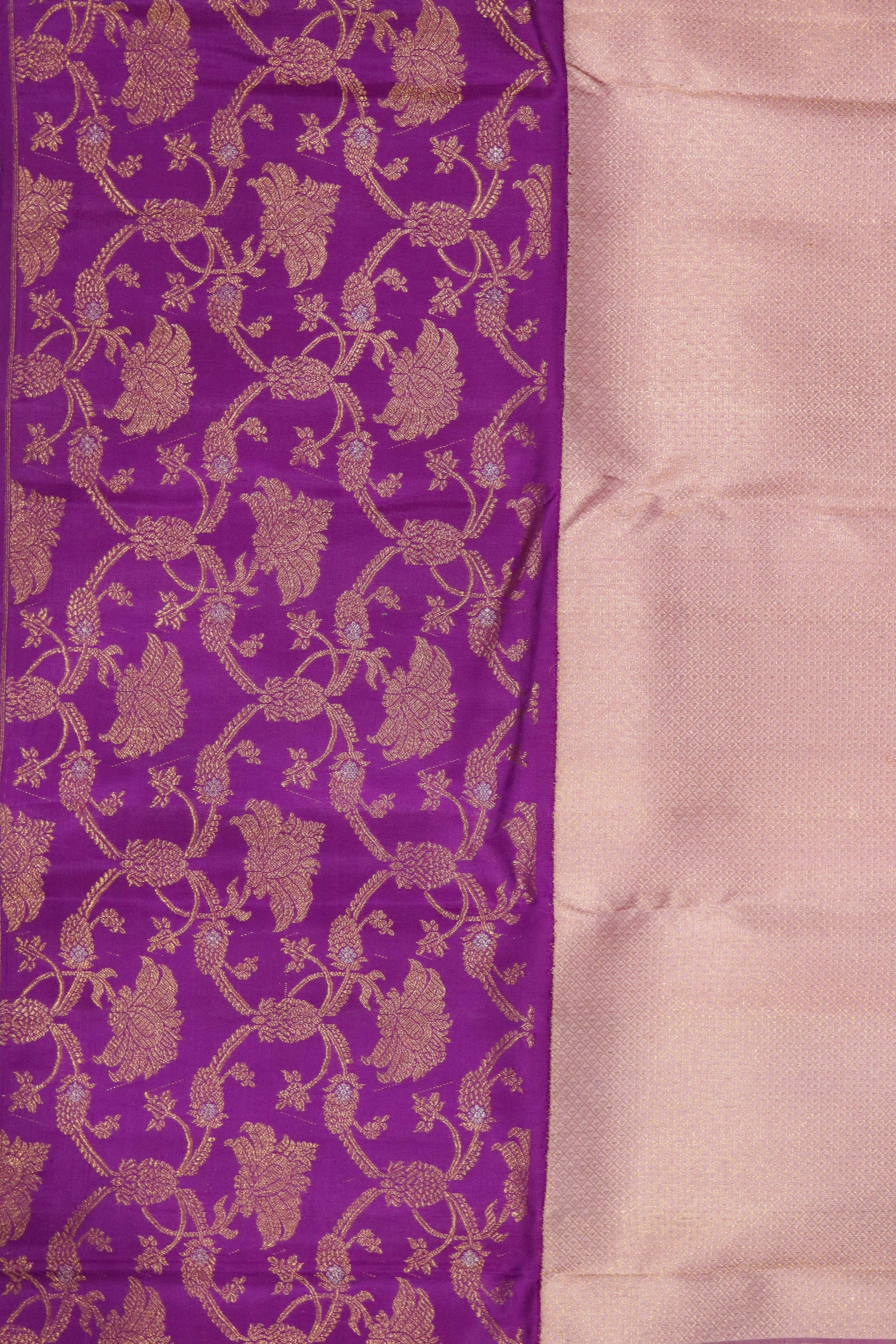 Onion Pink Kanchipuram Silk Saree with Self Zari Weaving and Contrast Zari Jaal Border - Mokshaa