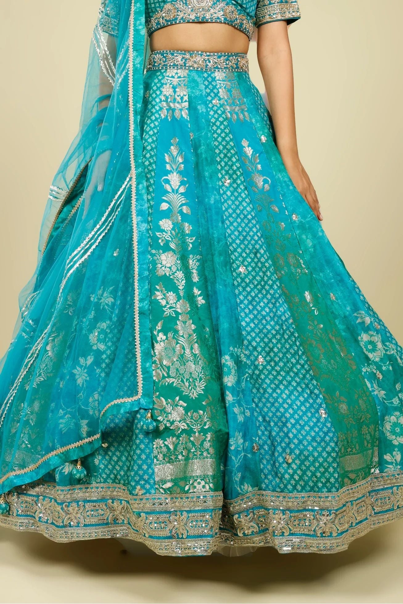 Teal Banarasi Printed Lehenga Set with Zari, Zardozi & Sequin Embroidery - Mokshaa