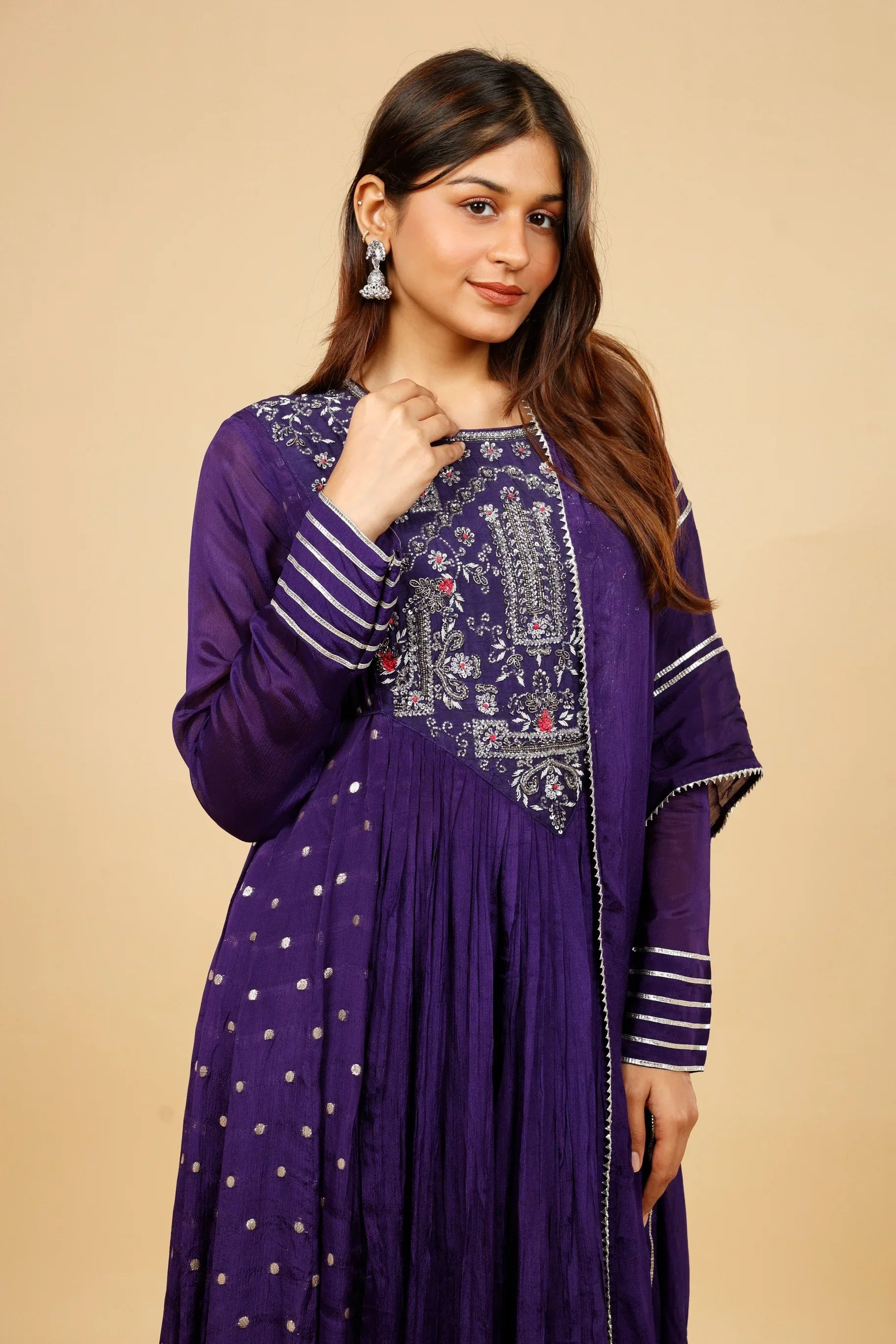 Royal Purple Silk Anarkali Set with Gota & Kutdana Embroidery - Mokshaa