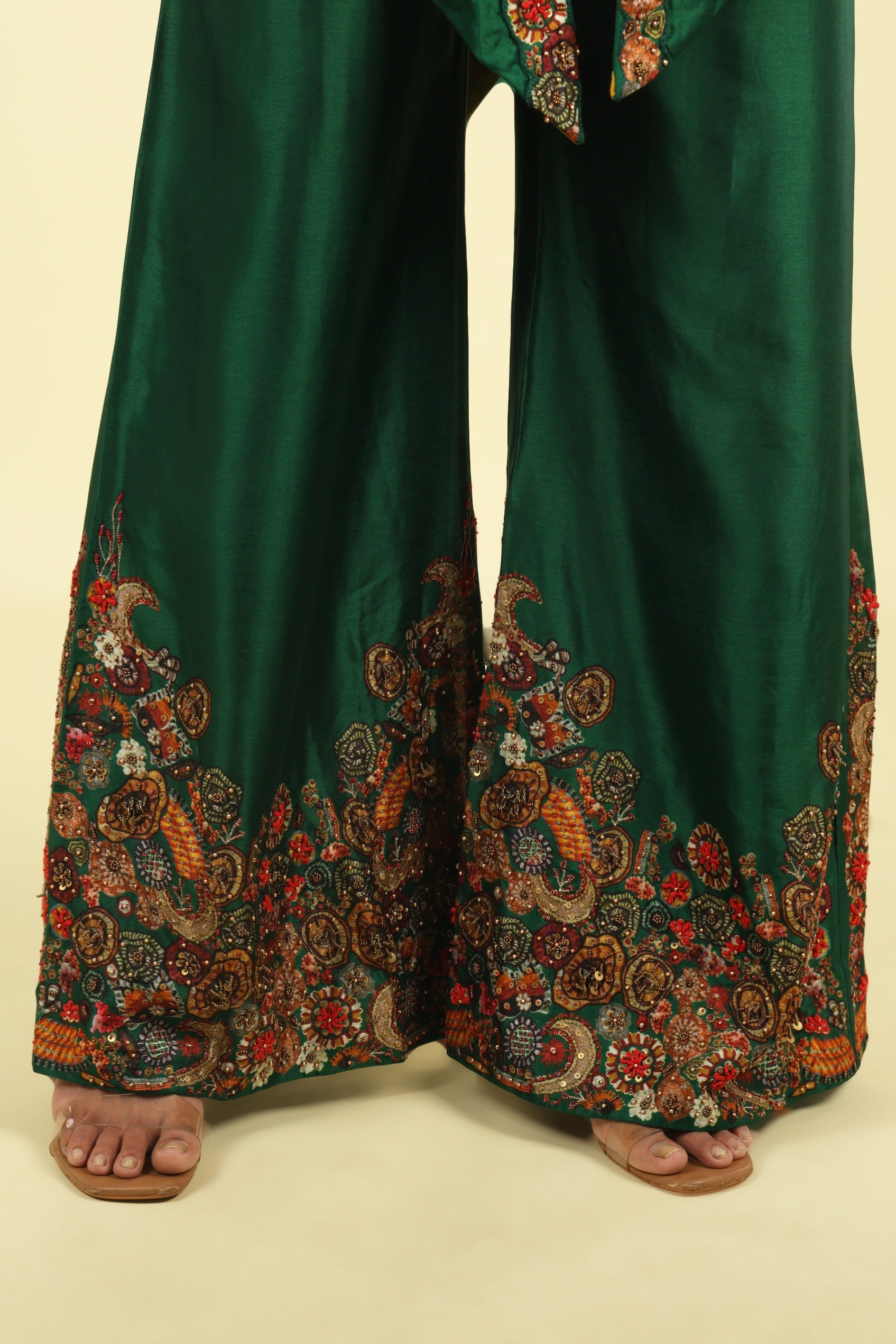 Green Silk Co-Ord Set with Placement Print & Metallic Embroidery - Mokshaa