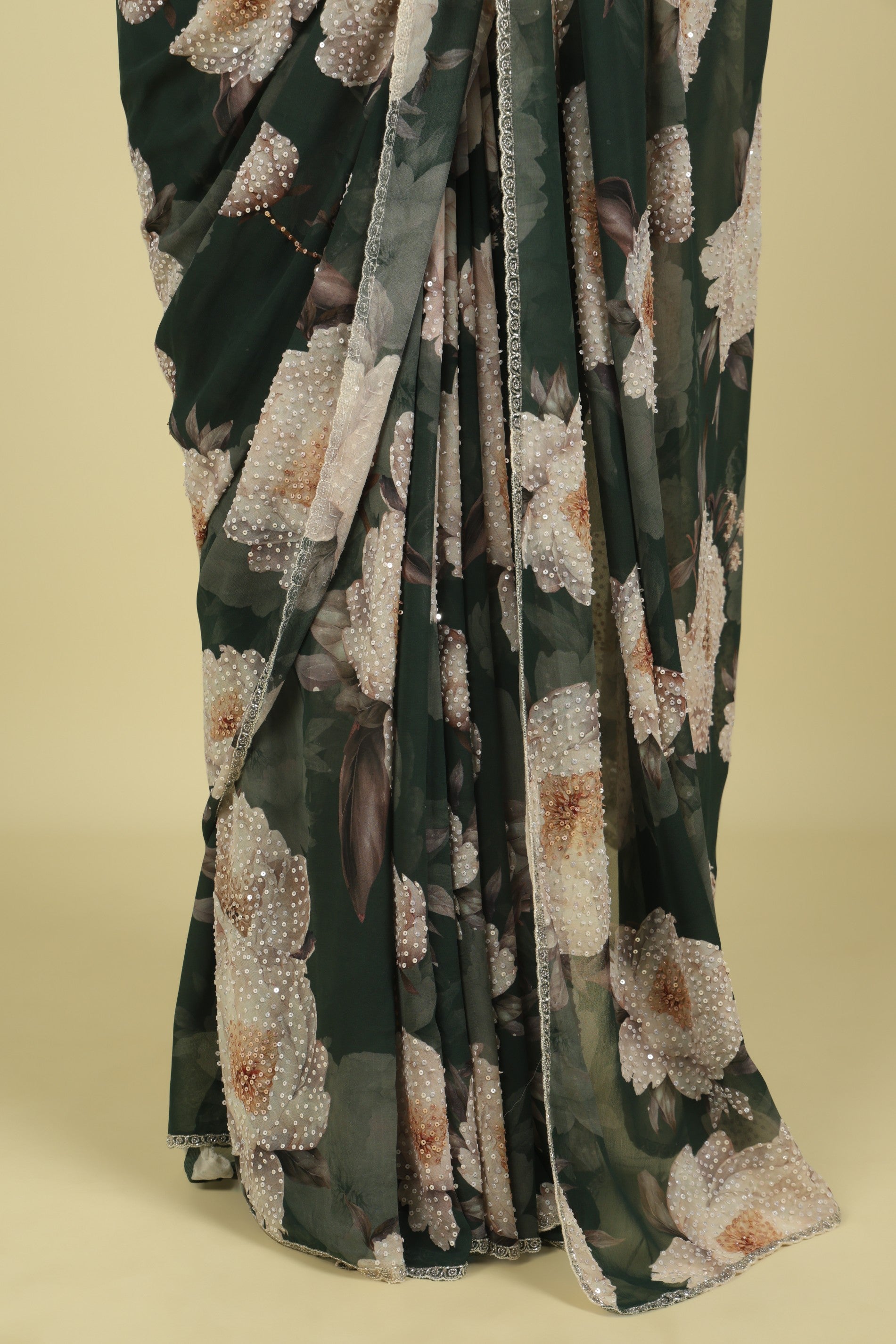 Dusty Green Saree with All-Over Digital Print & Sequin Highlights - Mokshaa