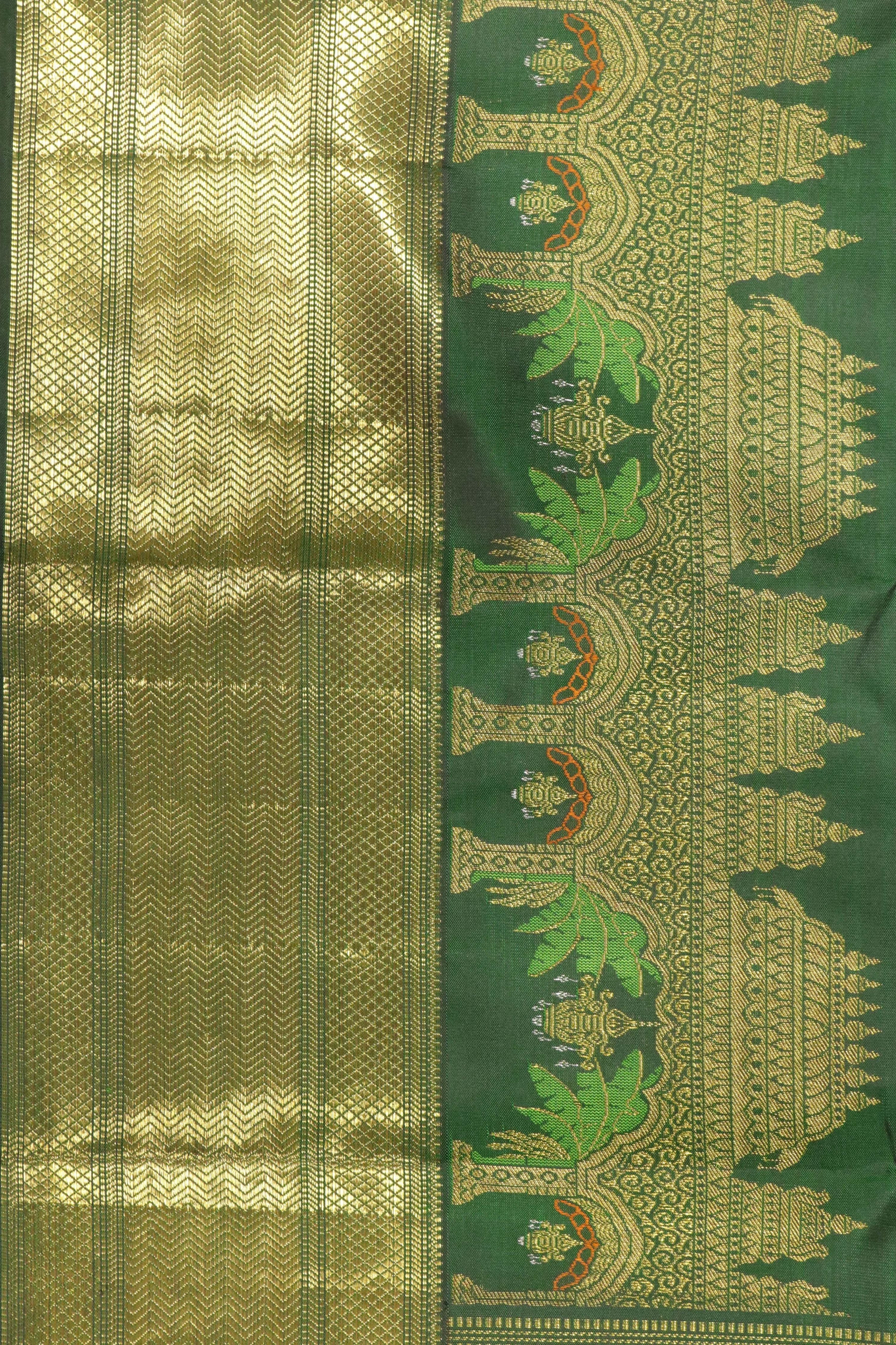 Bottle Green Kanchipuram Silk Saree with Thread Meenakari Motifs and Long Zari Border - Mokshaa